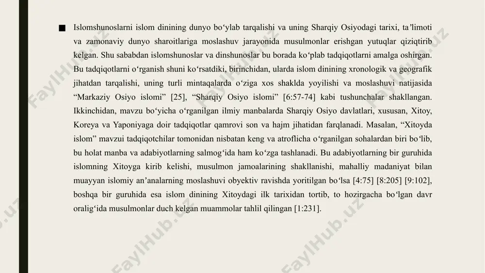 li (hee-soo lee)ning “dengiz yoʻli orqali islom dinining koreyaga tarqalishi va rivojlanishi” [16:174], “yevropa mustamlakachiligidan avvalgi davrda islom madaniyatining sharqiy osiyoda tarqalishi” [6:64], lenni y.nakanoning “nikoh yaponiyada ayollarni islomga boshlamoqda” [11:26], maykl penning “yaponiyada islom” [14:76] kabi maqola va tezislarida mavzu boʻyicha tahliliy maʼlumotlar keltirilgan. sharqiy osiyoda islom dinining tarqalishi yuzasidan olib borilgan tadqiqotlarda quyidagi jihatlarga eʼtibor qaratilgan: sharqiy osiyoga islom dinining kirishi arafasidagi tarixiy, ijtimoiy, madaniy va diniy muhit; xitoyda islom dinining yoyilishi va uning mahalliy muhitga moslashuvi jarayoni; xitoydagi musulmonlarning mahalliy madaniyatga uygʻunlashuvi sharoitida taʼlim-tarbiya masalalari; koreys va musulmon xalqlari oʻrtasidagi ilk aloqalarning tarixi va bosqichlari; koreyada islomiy jamoalarning shakllanishi va ularning oʻlka madaniyatiga assimilyatsiyasi; yaponiyada islom dinining tarqalishi va uning oʻziga xos xususiyatlari; yaponiyada islom haqidagi bilimlarning rivojlanishida sinkretik qarashlarning taʼsiri. koreyada islom dinining tarqalishi uch bosqichda kechgan. ix-xvi asrlarda yashagan musulmon olimlari tarix va geografiyaga oid bibliografik asarlarida musulmonlarning koreya yarimoroli bilan boʻlgan ilk aloqalarini qayd …