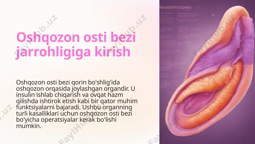 iblarni muhokama qiladi. 3 davolash jarayoni to'liq tiklanishni ta'minlash uchun tiklanish bosqichlari va davolash dasturini o'z ichiga oladi. 7 jarrohlikdan keyin reabilitatsiya 1 jismoniy terapiya bemorning jismoniy imkoniyatlarini tiklashga qaratilgan protseduralar va mashqlarni tavsiflaydi. 2 psixologik yordam operatsiyadan keyin hissiy qo'llab-quvvatlash va psixologik reabilitatsiya muhimligini muhokama qiladi. 8 operatsiya natijalari tibbiy hisobot operatsiya natijalari va bemorning hozirgi sog'lig'i holatini ko'rib chiqishni o'z ichiga oladi. g'amxo'rlik bo'yicha maslahatlar kasalxonadan chiqqandan keyin o'z-o'zini parvarish qilish bo'yicha tavsiyalar beradi. 9 oshqozon osti bezining funktsiyalari 1 insulin ishlab chiqarish oshqozon osti bezi insulin ishlab chiqarish orqali qon shakar darajasini tartibga solishda muhim rol o'ynaydi. 2 ovqat hazm qilish organ ichaklarda ovqat hazm qilish uchun zarur bo'lgan fermentlarni ishlab chiqaradi. 3 gormonlarni tartibga solish oshqozon osti bezi metabolizmga ta'sir qiluvchi turli gormonlar ishlab chiqarishda ishtirok etadi. 10 oshqozon osti bezi operatsiyalari: umumiy tamoyillar individual yondashuv har bir operatsiya bemorning individual xususiyatlarini va kasallikning tabiatini hisobga …