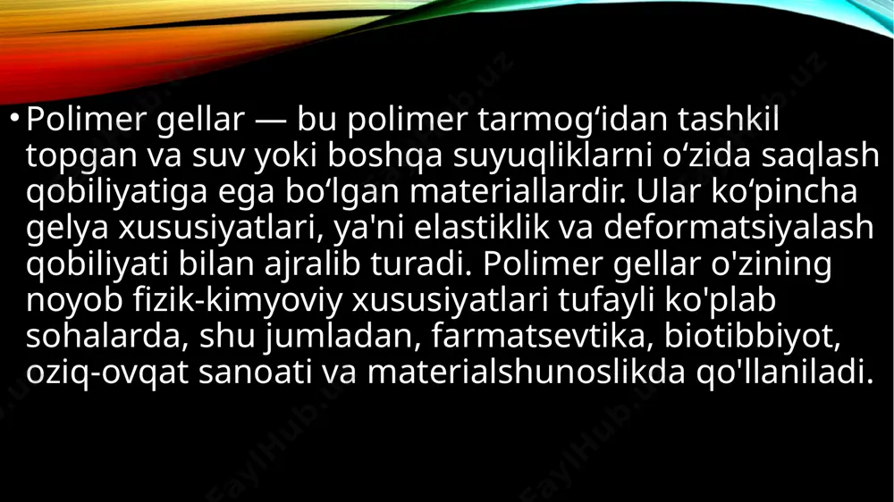 garadigan polimer gellar, ko‘pincha elektrostatik o‘zgarishlar tufayli suvni o‘zida saqlash yoki chiqarish xususiyatiga ega bo‘ladi. polimer gellar va kristallanish bilan bog'liq tushunchalar o'ziga xos material xususiyatlarini anglatadi. quyida polimer gellarining tugunlari, kristall yacheykalari va kristallanish darajasi haqida batafsil tushunchalar keltirilgan: 1. polimer gellarining tugunlari:polimer gellar, odatda, xochlashgan polimer tarmoqlari sifatida tasvirlanadi, ya'ni polimer zanjirlarining bir-biri bilan kimyoviy bog'lanishlari mavjud. bu bog'lanishlar "tugunlar" yoki "xochlashmalar" deb ataladi. tugunlar — bu polimer zanjirlarining o'zaro kimyoviy bog'lanish yoki fizik tarmoq hosil qilgan joylari. tugunlar polimer zanjirlarining o'zaro bog'lanishini va tuzilishini yaratadi, bu esa gelning strukturasini barqarorlashtiradi va uning elastik xususiyatlarini saqlaydi. tugunlar polimer molekulalarining bir-biriga bog'lanish nuqtalarini anglatadi, va ular gelning shaklini, yumshoqligini va fizik xususiyatlarini belgilaydi.polimer gellarining tugunlari, ayniqsa, ularni suyuqlik bilan o‘rab olinganda, katta hajmga ega bo‘lishi mumkin. tugunlarning soni va kuchliligi materialning sifatini, suyuqlikni ushlab turish qobiliyatini va gelning mexanik xususiyatlarini ta'sir qiladi. polimer materiallarning kristallanish darajasi, ya'ni polimerning necha …