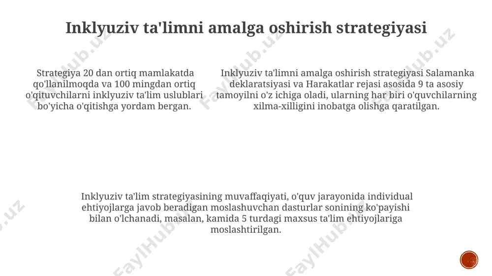 ijtimoiy integratsiya va individual ehtiyojlarini qondirishga qaratilgan ta'lim tizimini yaratishga qaratilgan. hujjatda 24 ta asosiy tamoyil va bolalarga ta'limning barcha turlarini taqdim etish bo'yicha 70 dan ortiq tavsiyalar keltirilgan bo'lib, majburiy ta'lim va teng imkoniyatlarga urg'u beradi. hujjatda 24 ta asosiy tamoyil va bolalarga ta'limning barcha turlarini taqdim etish bo'yicha 70 dan ortiq tavsiyalar keltirilgan bo'lib, majburiy ta'lim va teng imkoniyatlarga urg'u beradi. jamiyatning roli inklyuziv ta'limda jamiyatning roliga 30 dan ortiq nodavlat tashkilotlarning, shu jumladan, ma'lumot-resurs markazlarining hissasini oshirish orqali inklyuziv ta'lim sifatini yaxshilash mumkin. inklyuziv ta'limni rivojlantirishda jamiyatning ishtirokini 10% ga oshirish uchun, ota-onalar va mahalliy jamoalar bilan samarali hamkorlikni yo'lga qo'yish zarur. jamiyat a'zolarining 50% dan ortig'i inklyuziv ta'lim printsiplaridan xabardor bo'lishi uchun, keng qamrovli axborot-ta'lim kampaniyalarini o'tkazish muhimdir. inklyuziv ta'lim tushunchasi va ahamiyati inklyuziv ta'limning samaradorligi, o'quvchilarning o'ziga xos ehtiyojlariga moslashtirilgan individual ta'lim rejalarining (i tr) mavjudligi va pedagoglarning malakali tayyorgarligi bilan bevosita bog'liq. inklyuziv ta'lim, …