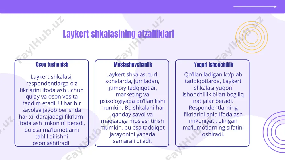 holashda 3 balldan yuqori ball olgan. statistik tahlil usullari: likert shkalari asosida olingan ma'lumotlar uchun statistik tahlil usullari, ko'pincha deskriptiv statistika va korrelyatsion tahlilni o'z ichiga oladi. deskriptiv statistika orqali ma'lumotlarning o'rtacha va medianasi hisoblanadi, shuningdek, tarqatish taqsimoti aniqlanadi. korrelyatsion tahlil esa, turli o'zgaruvchilar o'rtasidagi munosabatlarni aniqlash uchun qo'llaniladi. natijalar asosida xulosalar: olingan statistik ma'lumotlar, respondentlarning o'zaro munosabatlarini va fikrlarini baholashda likert shkalasining samaradorligini ko'rsatadi. bu usul, ijtimoiy tadqiqotlarda ahamiyatli bo'lib, ma'lumotlarni tahlil qilishda ishonchli natijalar olish imkonini beradi. kelajakda tadqiqotlar uchun imkoniyatlar likert shkalasining innovatsion imkoniyatlari likert shkalasi tadqiqotlarda yangi innovatsiyalarni kiritish imkonini beradi. bu usul respondentlarning fikrlarini o'lchashda aniqroq va ishonchli natijalarni taqdim etadi. shuningdek, u tadqiqotlar uchun yangi o'lchovlar va metodologiyalarni ishlab chiqishga yordam beradi. yangi tadqiqot yo'nalishlari 1. ijtimoiy ilm-fan sohasida yangi o'lchov metodlari. 2. ta'lim tizimida talabalar fikrini o'rganish. 3. sog'liqni saqlashda bemorlar qoniqishini baholash. 4. marketing tadqiqotlarida iste'molchilar xatti-harakatlarini tahlil qilish. kelajakda laykert shkalasi: …