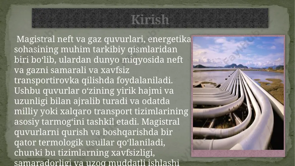 davomida yo‘qotishlar va zararli ta’sirlar minimallashtiriladi. shu bilan birga, magistral quvurlarni boshqarishning zamonaviy usullari transport tizimining real vaqt rejimida nazorat qilinishini ta’minlab, muammolarni tezkor bartaraf etishga imkon beradi. xulosa qilib aytganda, magistral neft va gaz quvurlarining termologik usullarini samarali qo‘llash neft-gaz sanoatining barqaror rivojlanishini ta’minlaydi va bu texnologiyalarni yanada takomillashtirish sohaga katta ijobiy ta’sir ko‘rsatadi. foydalanilgan adabiyotlar. 1. "neft va gaz konlari mashina va mexanizmlari" 2. "magistral gaz quvurlari va sanoat xavfsizligi talablari“ 3. o‘zbekiston respublikasi magistral neft va gaz quvurlari qurilishida innovatsiyalar – mahalliy ilmiy-tadqiqot muassasalarida ishlab chiqilgan materiallar va texnikalarni qo‘llash bo‘yicha tavsiyalarni o‘z ichiga oladi. e’tiboringiz uchun rahmat thank you image3.jpeg image4.jpeg image5.jpeg image6.jpeg image7.jpeg /docprops/thumbnail.jpeg