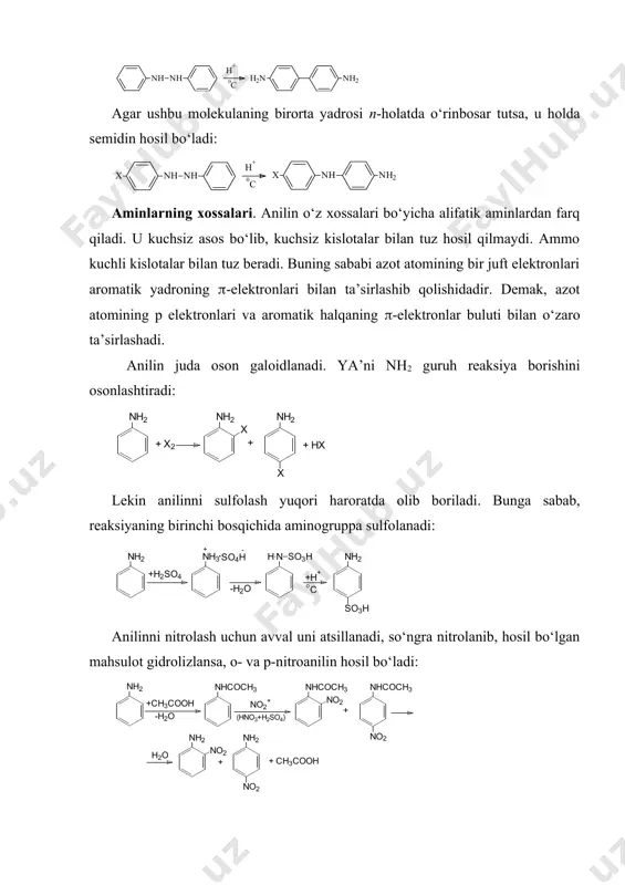 iy tuzlarini hosil qiladi: c6h5-n+h3cl- + hono c6h5-n+ncl- + 2h2o odatda diazotirlash reaksiyasini amalga oshirish uchun bir miqdor aromatik amin uch miqdor mineral kislotada eritilib unga 00s da nano2 ýðèòìàñè qûøèëàdi. kimyoviy xossalari. fenildiazoniyxlorid yuqori reaksiya qobiliyatiga ega bo‘lgan birikma. fenildiazoniyxloridning reaksiyalari ikki xil: azot ajralib chiqishi yoki azot ajralmasdan borishi mumkin. i. azot ajralib chiqishi bilan boradigan reaksiyalar. 1. diazoniy tuzlarining parchalanishi: 2.metallorganik birikmalar sintezi, a.n.nesmeyanov reaksiyasi: 3. gatterman-zandmeyer reaksiyalari: 4. meyerveyn reaksiyasi: c6h5n2cl + ch2=ch-cooh c6h5-ch2-chcl-cooh + n2 ii.azot ajralib chiqmasdan amalga oshadigan reaksiyalar. 1.fenilgidrazinlar hosil bo‘lishi (diazoniy tuzlarini qaytarish): 2.azobirikish reaksiyasi. ushbu reaksiya natijasida muhim ahamiyatga ega bo‘lgan azobo‘yoqlar olinadi. diazoniy tuzlari fenollar bilan kuchsiz ishqoriy muhitda, aromatik aminlar bilan esa kislotali muhitda reaksiyaga kirishadi: azobirikish reaksiyalari har doim p-holatga, agar u band bo‘lsa o-holatga yo‘naladi. adabiyot: 1. dj. roberts, m. kasserio osnoviy organicheskoy ximii. m.: «mir». 1978. t.2. s.260-286. 2. a.terney sovremennaya organicheskaya ximiya. m.: «mir». …