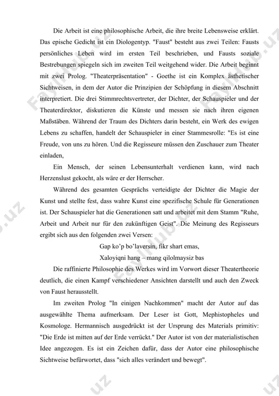 drückt ist der ursprung des materials primitiv: "die erde ist mitten auf der erde verrückt." der autor ist von der materialistischen idee angezogen. es ist ein zeichen dafür, dass der autor eine philosophische sichtweise befürwortet, dass "sich alles verändert und bewegt". das zweite argument zwischen gott und mephistophel über die möglichkeit und notwendigkeit des menschen ist die grundlage. goethe bereitet hier einige mythologische bilder vor, um die perfekte übereinstimmung zu erzielen. im dialog zwischen gott und mephistopheles wird faust als fleißiger, fleißiger und ruhig sprechender mann bezeichnet. wenn gott ihn "den sklaven" nennt, gibt satan zu, dass er "einen arzt, eine unerfahrene kraft" hat. für goethe ist gott ein symbol der natur, und der mensch ist ein naturforscher, der hart daran arbeitet, es zu ändern! tangri deydi: bilaman men uchun umri mehnatda demakkim xidoyat bo’lgay sarvari mephistophelu zeigt faust die verschiedenen welten seiner seele, was letztendlich zu einem geistesgeist des …