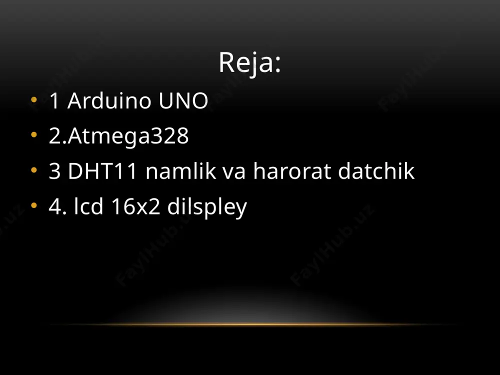 fatida foydalaniladi tezkor xotira 2 kb(atmega328) eeprom kb(atmega328) chastota 16 mgs bundan tashqari, arduino uno qurilmasi unga ulangan usb yoki tashqi manbadan kuchlanish olishi mumkin. bunda, agar manba bir nechta bo‘lsa, ulardan biri avtomatik tanlanadi. arduino uno kontrolleri asosi atmega328 mikrokontrolleridan tashkil topgan. bu mikrokontroller 32 kb flesh xotiraga, undan 0.5 kb qismi yuklovchi uchun ajratilgan, bundan tashqari 2 kb tezkor xotiraga va 1 kb eepromga ega 14 ta raqamli chiqishning har biri yoki kirish yoki chiqish uchun sozlash mumkin. bunda pinmode(), digitalwrite() va digitalread() funksiyalaridan foydalaniladi. bunda har bitta chiqish joyi 20-50 kom qarshilikka va 40 magacha tok kuchi o‘tkazishi mumkin (1.1- rasm.). void – bu c++ dasturlash tilida kompyuterga qiymat qaytarmaydigan funksiya setup() – bu tayyorgarlik, loop() – esa asosiy bajaruvchi funksiya nomlari. setup – dasturda bir marta bajariladigan funksiya. bu funksiyaga kiritigan kodalarga kora kontrolerning portlarini(analog, diskrid ) kirish yoki chiqish signalini olish yoki uzatish uchun buyruq …