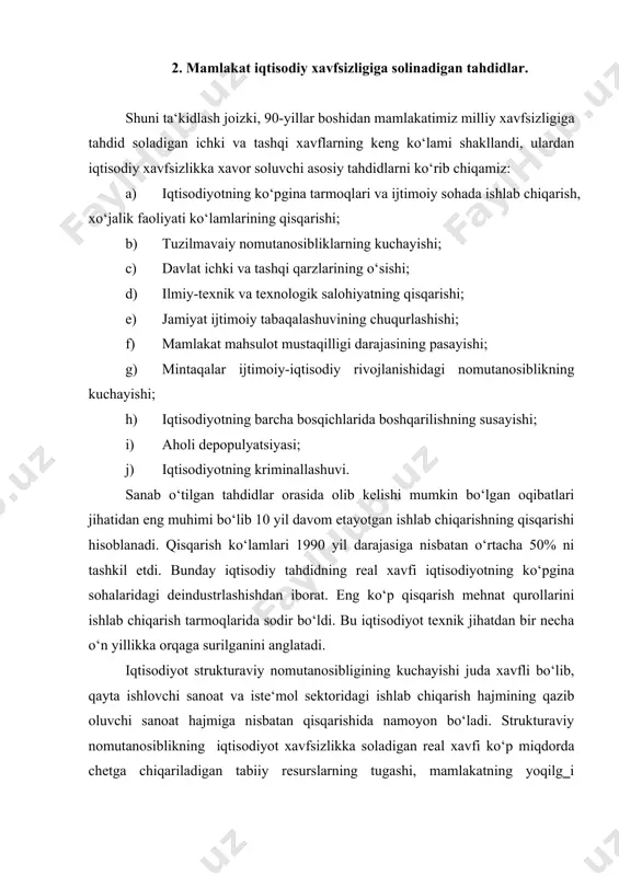 jahon bozori kon‘yunkturasiga bog‗liqligini kuchayishida namoyon bo‘ladi. mamlakat ilmiy-texnik va texnologik potensialining susayishi, iттning muhim yo‘nalishlarida izlanishlarning qisqarishi, mutaxassis va intelektual mulkning xorijga oqib ketishi o‘zbekiston uchun jahondagi yetakchi pozitsiyalarni yo‘qotish bilan tahdid soladi, mamlakat tashqi texnologik muteligining kuchayishi va mudofaa qobiliyatining pasayishi xavfini tug‗diradi. islohotlardan oldingi davrda 10% yuqori daromadli va 10% kam daromadli aholi guruhlari o‘rtasidagi pul daromadlari farqi 4-5 martadan oshmas edi. hozirgi kunda esa ular 15-20 martaga yetdi. aholining 50% ga yaqini qashshoqlik chegarasidan past darajada. ijtimoiy tabaqalashuvning milliy xavfsizlik uchun xavfi shundaki, ijtimoiy manfaatlar balansi buziladi, uyushma jinoyat, narkamaniya kabi salbiy holatlar yuzaga kelib rivojlanadi. bunday tendensiyalarning yakuniy natijasi ijtimoiy portlashga olib kelishi mumkin. mamlakatning mahsulot jihatidan bog‗liqligini ortishi aholi jon boshiga nisbatan asosiy iste‘mol mollari iste‘molining sezilarli qisqarishi, iste‘mol strukturasining yomonlashuvi, ichki iste‘mol bozoria import mahsulotlari ulushining juda yuqoriligida namayon bo‘ladi. mamlakat mahsulot fondining 40% ga yaqini import hisobiga shakllanmoqda, yirik shaharlarda esa – …