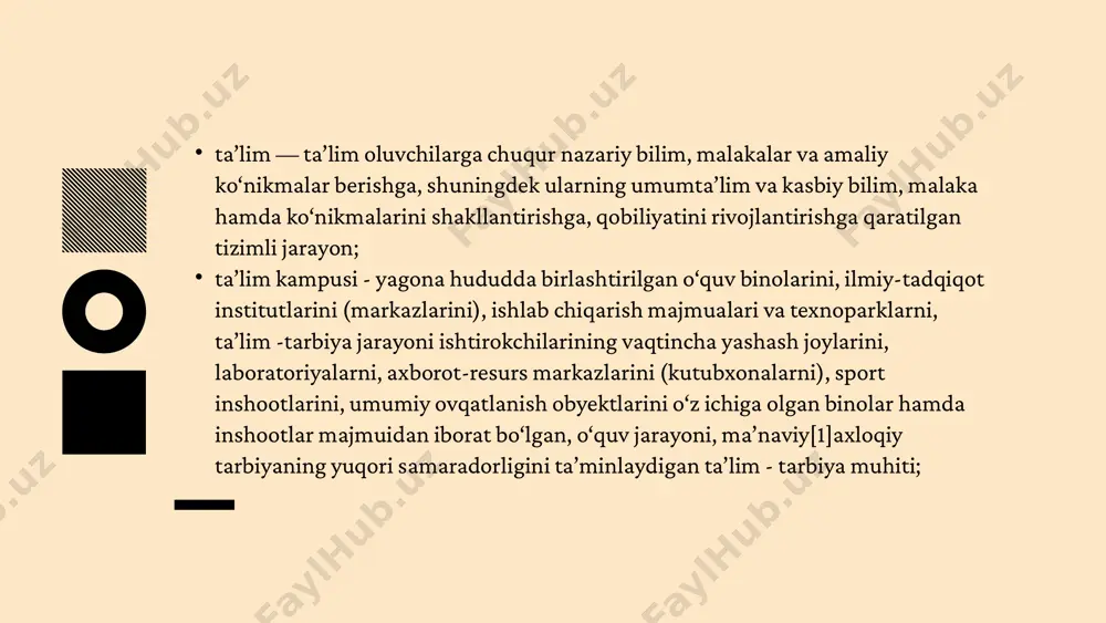 blikasi vazirlar mahkamasi: ta’lim sohasidagi yagona davlat siyosatini amalga oshiradi; ta’lim sohasidagi davlat dasturlarini tasdiqlaydi va ularning amalga oshirilishini ta’minlaydi; ta’lim sohasidagi vakolatli davlat boshqaruvi organlariga rahbarlik qiladi; ta’lim tashkilotlarini attestatsiyadan va davlat akkreditatsiyasidan, pedagog kadrlarni va ilmiy xodimlarni attestatsiyadan o‘tkazish, nodavlat ta’lim tashkilotlariga ta’lim xizmatlari ko‘rsatish faoliyatini amalga oshirish huquqini beradigan litsenziyalar (bundan buyon matnda litsenziya deb yuritiladi) berish, ta’lim to‘g‘risidagi hujjatlarga apostil qo‘yish tartibini belgilaydi; pedagogik kadrlarni ta’lim tashkilotlariga ishga qabul qilish va ular faoliyatini baholash tartibini belgilaydi; xorijiy davlatlarning ta’lim muassasalariga o‘zbekiston respublikasi hududida ta’lim faoliyati bilan shug‘ullanish huquqiga doir ruxsatnomalar beradi; xorijiy davlatlarda olingan ta’lim to‘g‘risidagi hujjatlarni tan olish tartibini belgilaydi; davlat namunasidagi ta’lim to‘g‘risidagi hujjatlarni tasdiqlaydi va davlat tomonidan tasdiqlangan namunadagi ta’lim to‘g‘risidagi hujjatlar berish tartibini belgilaydi; eksternat tartibida o‘qitishga yo‘l qo‘yilmaydigan ta’lim yo‘nalishlari, mutaxassisliklar va kasblar ro‘yxatini tasdiqlaydi; faqat davlat ta’lim muassasalarida o‘qitiladigan ta’lim yo‘nalishlari, mutaxassisliklar va kasblar ro‘yxatini tasdiqlaydi; davlat ta’lim muassasalari va …