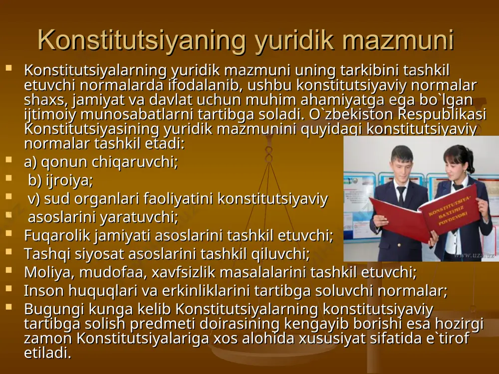 akson huquqiy tizimi mavjud bo`lgan mamlakatlarda «tirik» va «o`lik» konstitutsiyalar ajralib turadi. bu ma'noda aqsh konstitutsiyasini aytishimiz mumkin. aqshning 1787 yildagi konstitutsiyasi (ya'ni 200 yil oldin qabul qilingan) o`lik hisoblanadi, chunki u juda eskirgan, arxaik va yuzaki haralgan konstitutsiya bo`lib, faqat asosiylarning asosiysini tartibga soladi. agar uni (oliy sud) sud'yalar tomonidan sharhlanmaganda, u bilan yashash juda qiyin bo`lar edi. o`nlab konstitutsiya mazmunini tushuntirib bеruvchi oliy sud qarorlari aynan tirik konstitutsiya sarasiga kiradi. konstitutsiyani sharhlash huquqiga ega bo`lgan anglosakson mamlakatlarining sudlari o`z qarorlari bilan shu davlatning tirik konstitutsiyasini joriy qiladi. konstitutsiyalar huquqiy va daliliy bo`lishi mumkin.«huquqiy konstitutsiya» bu, qoq`ozdagi konstitutsiyadir. lekin «daliliy konstitutsiya» esa, qoq`ozdagi konstitutsiyaga mos tushmasligi mumkin bo`lgan qayotdagi konstitutsiyadir. masalan avtoritar va totalitar davlatning konstitutsiyalarida inson huquqlari va erkinliklari normalarda mustah amlangan, lyokin amaldagi o`rniga kеlsak, hokimiyatlar tomonidan nazorat qilinmaydi va shu huquqlarni himoya qiluvchi alohida mеxanizm ham ishlab chiqilmagan. boshqa misol: gitlеr gеrmaniyasi o`z faoliyatini olib borish …