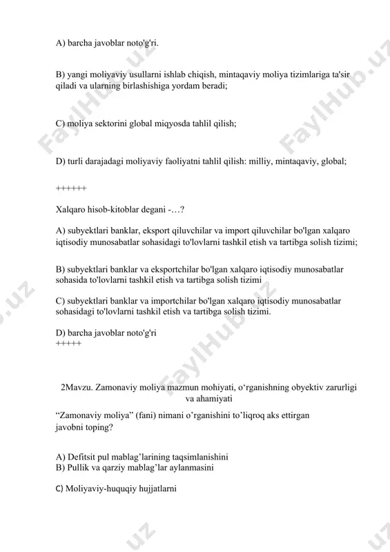 titsiyalash (asset allocation) b) xarajatlar c) passiv xarajatlar d) daromadlar ++++++ uy xo‘jaligi boyligi yoki mulkining bahosidan uning qarz majburiyatlari summasini ayirish orqali nima aniqlanadi? a) toza bahosi-sof qiymati (net worth) b) sof foyda c) sof daromad d) sof xarajat +++++ firmalar darajasida moliyaviy qarorlar qabul qilish masalalari bilan shug‘ullanadigan moliya sohasi nima deb ataladi? a) korporativ moliya (business or corporate finance) b) davlat moliyasi c) ichki moliya d) barcha javoblar to’g’ri ++++++ bino, inshoot, mashina uskunalari va ishlab chiqarish jarayonida ishlatiladigan boshqa zarur resurslar firmaning qanday kapitali hisoblanadi? a) jismoniy kapitali b) moliyaviy kapitali c) ustav kapitali d) cheklangan kapitali +++++ firmalarga jismoniy kapitalni sotib olishni moliyalashtirish imkonini beruvchi aksiyalar, obligatsiyalar va kreditlar qanday kapital, deyiladi? a) moliyaviy kapitali b) jismoniy kapitali c) ustav kapitali d) cheklangan kapitali ++++++ “…” lotincha “convertatio” so‘zidan olingan bo‘lib, so‘zma-so‘z “o‘zgartirish” , “aylantirish” deb tarjima qilinadi va odatda, “milliy valyutaning amaldagi kursi bo‘yicha …
