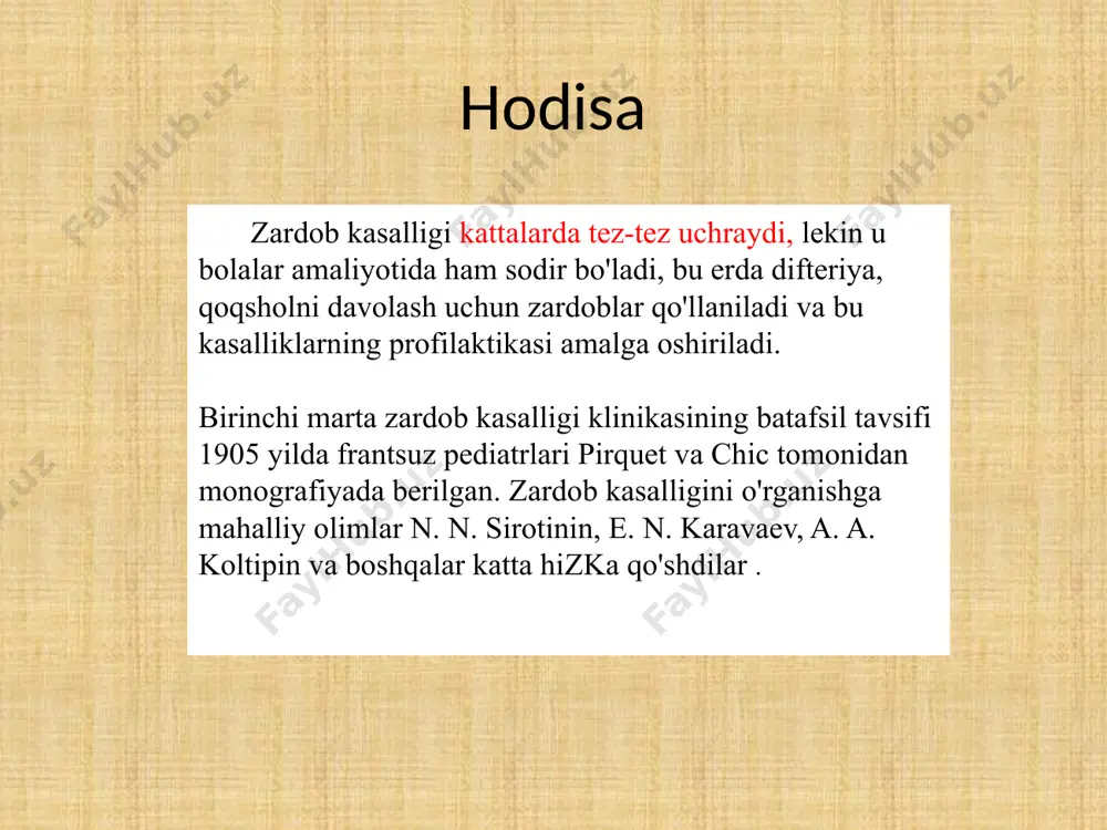 atli davom etishi va ularning to'qimalarda to'planishi uchun sharoit yaratadi. zk ning mumkin bo'lgan relapslari bu bilan bog'liq. tasniflash tasniflash zk turlarining patogenetik tahliliga asoslangan. birinchi tur anafilaktik shok tasviri bilan tavsiflanadi, ikkinchi tur klazkik zk sifatida farqlanadi. bir qator mualliflar zk ning uchta shaklini ajratib ko'rsatishadi: oqimning og'irligiga qarab: yorug'lik, o'rtacha og'ir, og'ir. oqimning davomiyligiga bog'liq achchiq, subakut , cho'zilgan. x klinik simptomlarning tabiati tipik, atipik _ klinika zk chastotasi va uning intensivligi yoshga qarab ortadi va chaqaloqlarda u kamroq uchraydi , bu yoshda tananing reaktivligining etarli darajada rivojlanmaganligi bilan bog'liq . alomatlar zk aniq polimorfizm bilan tavsiflanadi. qoida tariqasida , o'tkir zk bittadan 7-10 kun o'tgach sodir bo'ladi antigen in'ektsiyasi . zk boshlanishi o'tkir, ko'pincha harorat ko'tariladi. 70% hollarda isitma kuzatiladi (2-3 kundan 2-3 haftagacha yoki undan ko'p). haroratning ko'tarilishi va tushishi modeli juda chakana bo'lishi mumkin; 2-3 kundan 39-40 ° gacha 2-3 haftagacha va tabiatda subfebril bo'ladi …