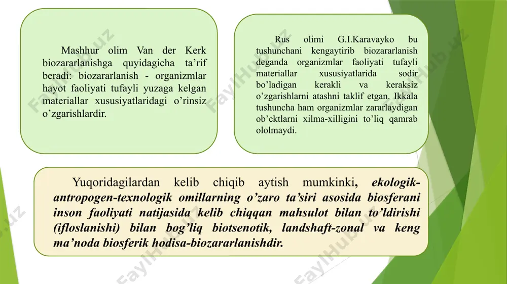 aruratga qarab uni yo’q qiladi. biozararlanish muammosi keng rejali tadbirlarni talab etadi va uni mablag’da hisoblash qiyinchilik tug’diradi. iqtisodiy nuqtai nazardan biozararlanish tufayli taxminiy hisoblarga ko’ra har yili bir necha o’n mlrd. dollar zarar ko’riladi. bu muammoga ijtimoiy nuqtai nazardan qaraganda biozararlanish tufayli keltiriladigan talofotni hech qanday baholashning imkoni bo’lmaydi. ammo uning bahosi iqtisodiy zarardan ham yuqori turadi. bunday talofot sifatida bebaho san’at asarlari (arxiv materiallari, noyob kitoblar, qadimiy ustalarning bebaho san’at asarlari), qushlar bilan to’qnash kelganda havo laynerlari yo’lovchi va ekipajlarining nobud bo’lishi, texnik moslamalar va inshootlarning zarar ko’rishi, oyna, optika, turli plastmassalar, rezina, apparatura, yo’l qoplamalari, suv to’g’onlari, transportlarda bakteriya va zamburug’lar, o’simliklar, hasharotlar, kemiruvchilar, suv bioqoplamalari va boshqa organizmlar tufayli zarar ko’rishini ko’rsatib o’tishning o’zi kifoyadir. materiallarni biozararlanish va bioparchalanishdan himoya qilishni o’rganishdagi keskin burilish bu jarayonda mikroorganizmlarning roli aniqlangandan so’ng o’rin oldi. mikroorganizmlar ta’sirida yog’ochlar zararlanishini o’rganish 19 asrda boshlangan bo’lsa, qog’oz, kitob va hujjatlar zararlanishi …