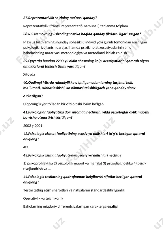 uda? 4ta 56.psixologik diagnoz qo‘yishning umumiy sharoitlariga aloqador asosiy mezonlar berilgan qatorni aniqlang? j: 1) psixologik diagnoz insonga xos bo’lgan maxsus xodisa va xususiyatlarni ochib berish; 2) har qanday diagnoz olingan natijalarni bayon qilish bilan chegaralanmasligi, u yoki bu belginining vujudga kelishi sababi, oqibati, keying rivojlanishi ham namoyon bo’ladi. 57.psixologik diagnoz bo’yicha yakuniy xulosa berish turlari nechta? 3ta 58.psixologik diagnoz bo’yicha yakuniy xulosa berish qatori to’g’ri berilgan qatorni aniqlang? j: 1)tavsiflovchi – shaxsga psixologik xarakteristika berishni nazarda tutuvchi xulosa, 2)baxolovchi – shaxsni mutaxxassisi pozisiyasidan tutib “subyektiv bilim, tajriba” asosida baxolash. 3)konsultativ – psixologik maslaxatni talab etuvchi xulosa. 59.psixologik diagnostikaning vujudga kelishida qaysi olimlarning xissalari bor? j: f.galton(1879), j.cattell(1890), h.ebbmgliaus(1891), a.binet, v.henri, a.binet va th.simonlarni(1905). 60.psixologik diagnnoz bosqichlari nechta 3ta 61.psixolog k.m.guruchev fikriga ko’ra psixodiagnostika nima? insonlarni psixologik va psixofiziologik belgilari bo’yicha ajratish va tavsiflash 62.psixokorreksiya nima? shaxs xulq – atvori va kognitiv rivojlanishidagi turli xil buzilishlar va rivojlanishdan orqada qolishni …