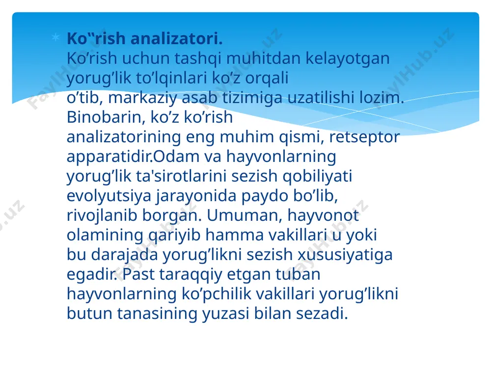 yralar (fotoretseptorlar) - tayoqchalar va kolbachalar joylashgan. bu pardaning ko’rish jarayonida muhim o’rin egallashi ham unda ana shu hujayralarning borligiga bog’liq. fotoretseptorlar (shaklan tayoqcha va kolbachaga uxshash hujayralar) o’ziga xos tuzilishga ega bo’lib, ichki va tashqi bug’inchalardan tashkil topgan. tashqi bug’inchalarida yorug’likni sezadigan pigment bo’ladi. tayoqchalarning har qaysi bug’inchasi maxsus diskalardan - plastinkalardan tuzilgan. alohida olingan har bir plastinka uch qatlamdan: ikkita lipid qatlami va ularning oraligidan joy olgan bitta oqsil qatlamidan iborat. oqsil qatlamida ko’rish purpuri - rodopsin pigmentining tarkibiga kiradigan retinen moddasi mavjud. fotoretseptorlarning ichki bug’inchalari tashqi bug’inchalariga qaraganda kaltaroq bo’ladi. ichki bug’inchalarida yadro va mitoxondriyalar bor, yorug’likni sezuvchi hujayralarda kechadigan energetik jarayonlar shularda yuzaga chiqadi. to’r pardadan ko’ruv nervi boshlanadi. to’r pardada fotoretseptorlar borligi va ko’ruv nervining shu pardadan boshlanishi, to’r parda bilan ko’ruv nervining irsiy jihatdan birligidan dalolat beradi. ko’ruv nervi to’r pardadan chiqqanidan so’ng, miyaga qarab yo’l olar ekan, o’zaro kesishadi. oqibatda o’ng ko’zdan chiqqan …