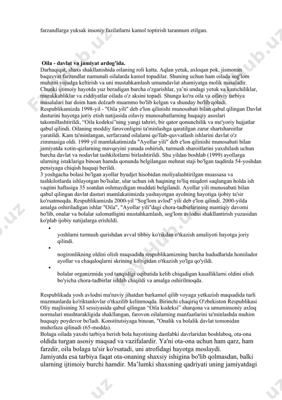 gilari o’z odatlari bilan ba’zan o’zlari sezmagan holda ularga ta’sir qiladilar. oiladagi qo’pol munosabatlar, ko’p yolg’on gapirish, yoqimsiz xatti-harakat bola tarbiyasiga salbiy ta’sir qiladigan nosog’lom muhitni keltirib chiqaradi. farzand tarbiyasida ota-onaning muomalasi muhim o’rin tutadi. bola ota-ona tomonidan qo’pol, dag’al so’zlar eshitib, kaltak yeb katta bo’lsa, bu uning tabiatiga salbiy ta’sir qiladi. bu esa o’z navbatida oiladagi nosog’lom muhitda tarbiyalanayotgan boladan “ma’naviy kasal” insonlar shakllanadi. ular esa jamiyat ma’naviyatiga ham salbiy ta’sir ko’rsatadi. oilada ota-onalar “ommaviy madaniyat” ta’siriga berilib ketishi oqibatida farzandlarning tarbiyasiga ham salbiy ta’sir ko’rsatmoqda. istiqlol tufayli xalqimiz chet-el yurtlarini kezib, yangi xalq va urf-odatlarni guvohi bo’lib qaytmoqdalar. shu jumladan yevropa davlatlariga sayr qilib kelayotgan fuqarolarimiz bugungi kunda g’arb o’smirlari orasida boshqa mamlakatlar yoshlariga qaraganda uyushgan jinoyatchilik va zo’ravonlikka berilish holati yuqori. bunga sabab bolalarga keragidan ortiq erkinlik berilgani ekan. ularni hozirdan aysh-ishratga berilib, turli axloqsiz hatti-harakatlarga ruju qo’yishdan hech kim qaytarmasligini aytib berishmoqda inson hayoti davomida biror …