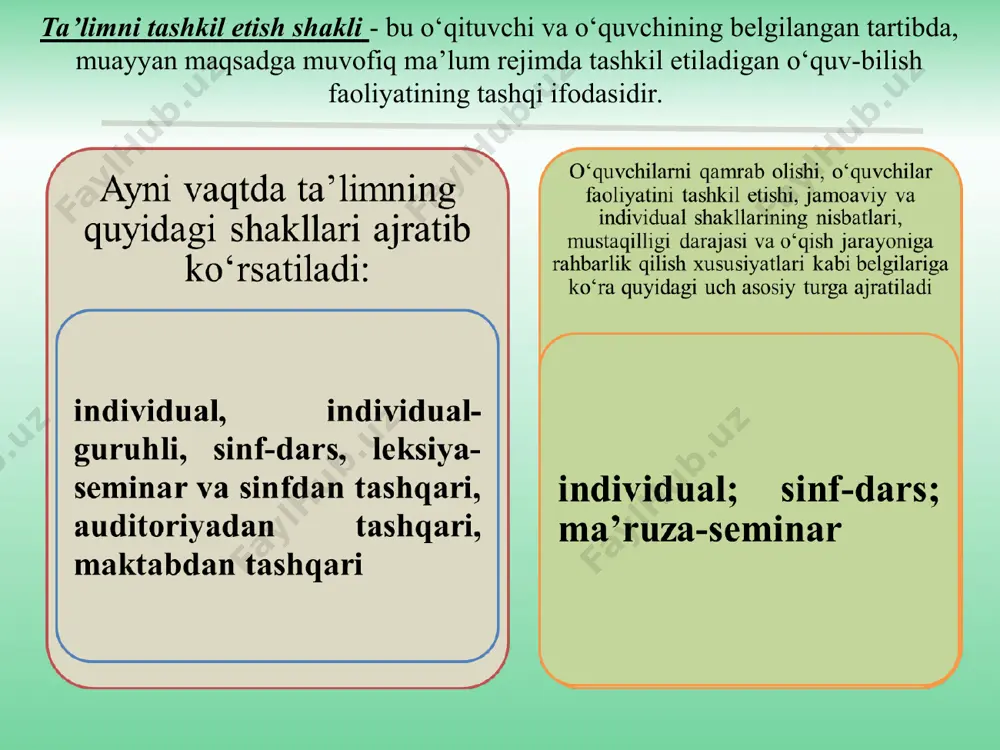 vzularga doir amaliy topshiriqlarni bajarish; g) o’quvchilarni baholash. 4.o’quvchilarning bilim, ko’nikma va malakalarini nazorat qilish darsining tuzilishi: a) tashkiliy qism; b) o’rganilganlarni umumiy tarzda takrorlash (yodga tushirish); v) nazorat ishini o’tkazish; g) uy vazifasi (o’rganilganlarni qayta takrorlash maqsadida). 5.laboratoriya darslarining tuzilishi: a) tashkiliy qism; b) nazariy materiallarni mustahkamlash; v) laboratoriya ishini o’tkazish; g) o’quvchilarni baholash; d) uy vazifasi. 6.amaliy darslarning tuzilishi: a) tashkiliy qism; b) nazariy materiallarni mustahkamlash; v) amaliy ish topshiriqlarini bajarish; g) o’quvchilarni baholash; d) uy vazifasi. amerikalik o’qituvchi va nashriyotchi william chandler bagleyo’zining "ta’lim jarayoni" (the educative process) kitobida dars turlarini quyidagicha bayon etadi . 1. rivojlantirish darslari (the development lesson) 2 .o’rganish darslari (study lesson) 3. so’rov darslari (the recitation lesson) 4.mashg’ulot darslari (the drill lesson) 5. takrorlashya’niqaytako’ribchiqishdarslari (the review lesson) 6.imtihon( tekshiruv ) darslari. (the examination) hozirgi kunda bularda 3 tasi yani rivojlantirish darslari, mashg’ulot darslari va ya’ni qayta ko’rib chiqish darslari asosiy qilib ko’rsatilgan …