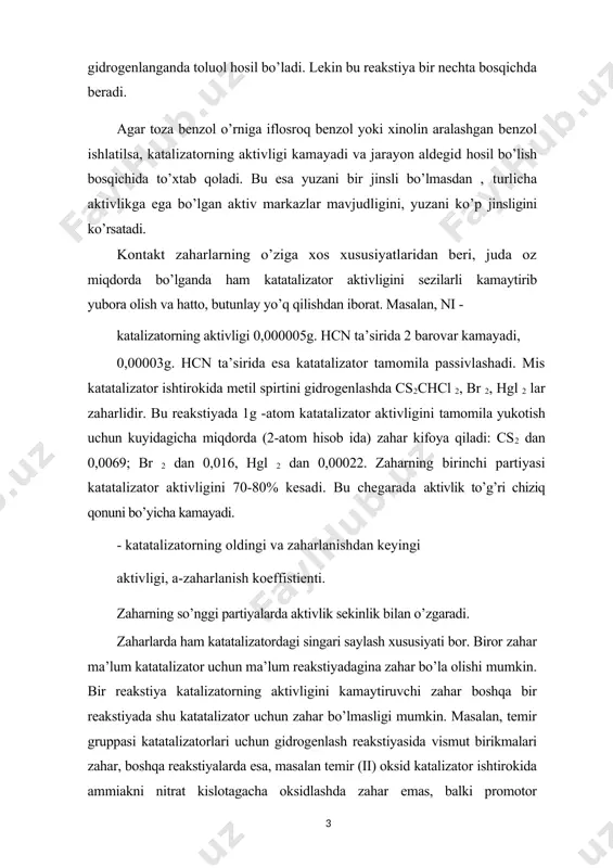 i zaharlarning miqdori, ba’zan yuzada mono molekulyar qavat hosil qilishga ham etmaydi. aktiv markaz nazariyasiga muvofiq, zaharlanishining asosiy sababi zaharning katatalizatordagi aktiv markazlarga mustaxkam adsorblanib, ular to’planib va katalizator bilan kimyoviy birikmalar hosil qilishidir. shunday ekan zahar bilan katatalizator orasida kimyoviy moillik bor va shuning uchun, zahar katalizatorning aktiv markazlarga juda maxkam adsorblanadi, keyin desorblanmaydi. natijada reagentlar molekulasining zahar ni yoki n chiqarib, aktiv markazlarga o’tirishi juda qiyinlashadi. masalan, zahar so ning ko’p chilik metall katalizatorlarga juda mustaxkam adsorblanishi aniqlandi. g’ovak platinaga adsorblangan 5 sm3 so dan 2500 s da nasos yordamida atigi 0,3 sm3 so ni buglatib chiqarish mumkin bo’lgan. oltingugurt birikmalari bilan ni katalizatorining zaharlanishi nis birikmasini hosil bo’lishidir. ni ning s ga moyilligi shu qadar kuchliki, nikel katalizator oltingugurtni uning istalgan birikmasidan ajratib chiqarib, o’ziga biriktirib oladi. ko’p incha katatalizator aktivligi turli qo’shimchalar ta’sirida oshadi. bu qo’shimchaga aktivlovchi /yoki promotor / deyiladi. ma’lum reakstiya uchun katatalizator bo’lmasdan, …