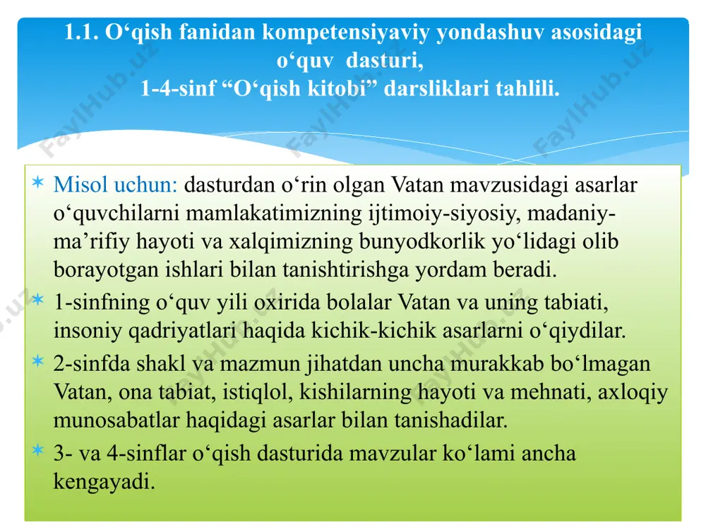 turi mavzulari -12 soat darslik bilan tanishtirish. vatan – bu... po‘lat mo‘min. shoir she’rida vatanning ifodalanishi. shoir vatanni yurakka tenglashtirib nimani ko‘zda tutgani. she’rni ongli, to‘g‘ri va ifodali o‘qitish mashqlari buyuklar vatani. qutlibeka rahimboyeva. amir temur, mirzo ulug‘bek, alisher navoiylarning yurt uchun qilgan ishlari. ilm-fan rivojiga bo‘lgan qiziqishi. o‘quvchilarning ongli, to‘g‘ri, tez o‘qitish mashqlari yurt qalqonlari. dilshod rajab. vatan himoyachilari haqida ma’lumot. o‘zbekiston armiyasi, vatan oldidagi xizmatlari. harbiy xizmatning ahamiyati. 14 yanvar “vatan himoyachilari” kuni sifatida nishonlanishi. she’rni to‘g‘ri, ongli va ifodali o‘qitish mashqlari ota rozi – vatan rozi. eson rahimov. she’r mazmuni. yaxshi farzand el-yurtiga sodiq bo‘lishi.farzandlarning vatan, oila oldidagi burchlari. ongli, ifodali, to‘g‘ri, tez o‘qitish mashqlari. sinfdan tashqari o‘qish (20 min.) suv shifo. erkin malik. shaharlardagi suv havzalari. ularning sog‘liq uchun foydali tomonlari. ongli, to‘g‘ri, tez o‘qitish mashqlariqish. tursunboy adashboyev. she’rda qish faslining tasvirlanishi.uning jozibadorligi. she’rni ongli, ifodali, to‘g‘ri, tez o‘qitish mashqlari. maqol, topishmoq va tez aytishlaroy allasi. …