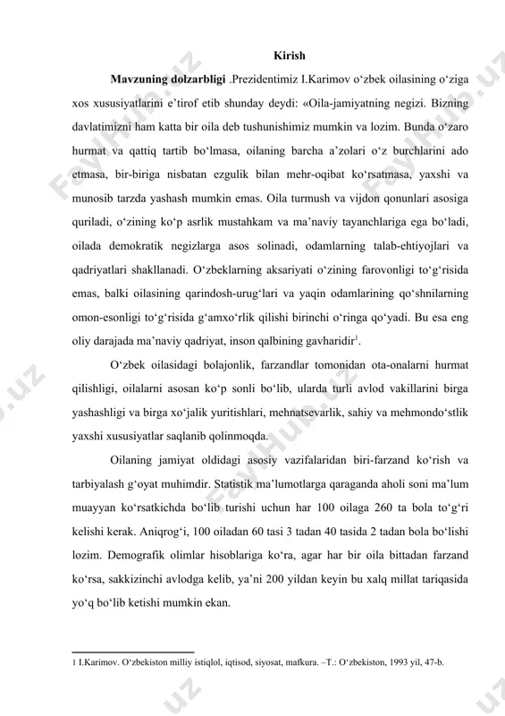 r. bitiruv malakaviy ishning maqsadi va vazifalari: · bolaning oiladagi huquqiy holati va shaxsiy huquqlarini о‘rganish; · voyaga yetmagan bolalarning mulkiy huquqlari va uning huquqiy asoslarini kо‘rsatib berish; · bolaga nisbatan ota-ona huquq va majburiyatlarining tengligini qonuniy asoslarini kо‘rsatib berish; · ota-ona hamda bolalarning mulkiy huquq va majburiyatlarini qonunlar asosida asoslash; · ota-ona va bolalar o`rtasidagi huquqiy munosabatlarni qonuniy tartibga solish jarayonini o`rganish. · voyaga yetmagan bo​lalarni farzandlikka olish va vasiylik va homiyliklikni milliy va xalqaro hujjatlar bo`yicha o`rganish. · o`rganilgan muammo yuzasidan tegishli takliflar berishdan iborat. bitiruv malakaviy ishning nazariy va amaliy ahamiyati. о‘zbekistonda voyaga yetmaganlarning shaxsiy nomulkiy huquqlariga oid munosabatlarini o`rganish, voyaga yetmagan bolalarning mulkiy huquqlari va uning huquqiy asoslarini, bolaga nisbatan ota-ona huquq va majburiyatlarining tengligini qonuniy asoslarini, ota-ona va bolalar o`rtasidagi huquqiy munosabatlarni qonuniy tartibga solish jarayonini o`rganishga ko`maklashadi. yuqorida tilga olingin mavzuni o`rganish yuridik yo`nalishidagi va noyuridik yo`nalishdagi oliy o`quv yurtlarining oila huquqi darslarida, ushbu …