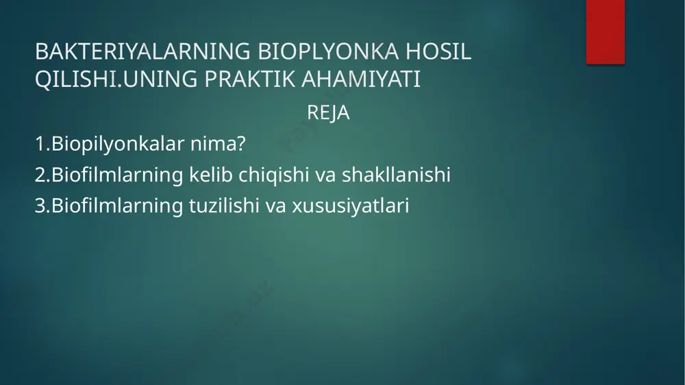 arlar” deb taʼriflangan. biofilmlar jonli (biotik) yoki tirik bo'lmagan (abiotik) sirtlarda paydo bo'lishi mumkin va tabiiy, sanoat va shifoxona sharoitida keng tarqalgan bo'lishi mumkin. ular mikrobiomani tashkil qilishi yoki uning bir qismi boʻlishi mumkin. bioplyonkada o'sadigan mikrob hujayralari bir xil organizmning plankton hujayralaridan fiziologik jihatdan farq qiladi, ular, aksincha, suyuq muhitda suzishi yoki suzishi mumkin bo'lgan yagona hujayralardir.biofilmlar ko'pchilik hayvonlarning tishlarida tish blyashka shaklida paydo bo'lishi mumkin , bu erda tishlarning parchalanishi va milk kasalligiga olib kelishi mumkin . mikroblar bir qator turli omillarga javoban biofilm hosil qiladi [9] , bular sirtdagi o'ziga xos yoki o'ziga xos bo'lmagan biriktirish joylarini hujayra tomonidan tanib olish, ozuqaviy belgilar yoki ba'zi hollarda planktonik hujayralarga sub-ingibitor ta'sir ko'rsatishni o'z ichiga olishi mumkin. antibiotiklarning kontsentratsiyasi . biofilm oʻsish rejimiga oʻtgan hujayra fenotipik oʻzgarishlarga uchraydi , bunda katta genlar toʻplami differentsial tartibga solinadi . biofilmni gidrojel deb ham ko'rish mumkin , bu murakkab polimer bo'lib, suvdagi …