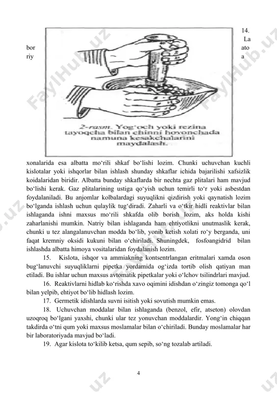 imyoviy suyuqliklarni tashlydigan idshlarda idish ichidagi birikmalar to‘g‘risida ma’lumotlar yozilgan bo‘lishi kerak. zaharli suyuqliklarni rakovinaga to‘kib yubrishdan oldin, albatta kerakli miqdorda suyultirib, so‘ngra yuvib tashlanadi. o‘ta zaharli suyuqliklar umumiy kanalizatsiya quvuriga tashlanmasligi lozim. 13. kislota va ishqorlarni o‘z idishlaridan boshqa idishlarga quyish mumkin emas. suyuqliklar isitilayotganda, reaktivlarni quyayotganda, ularning tomchilari yuzga sachramasligi uchun idish ustiga egilib qarash mumkin emas. 14. laboratoriya xonalarida esa albatta mo‘rili shkaf bo‘lishi lozim. chunki uchuvchan kuchli kislotalar yoki ishqorlar bilan ishlash shunday shkaflar ichida bajarilishi xafsizlik koidalaridan biridir. albatta bunday shkaflarda bir nechta gaz plitalari ham mavjud bo‘lishi kerak. gaz plitalarining ustiga qo‘yish uchun temirli to‘r yoki asbestdan foydalaniladi. bu anjomlar kolbalardagi suyuqlikni qizdirish yoki qaynatish lozim bo‘lganda ishlash uchun qulaylik tug‘diradi. zaharli va o‘tkir hidli reaktivlar bilan ishlaganda ishni maxsus mo‘rili shkafda olib borish lozim, aks holda kishi zaharlanishi mumkin. natriy bilan ishlaganda ham ehtiyotlikni unutmaslik kerak, chunki u tez alangalanuvchan modda bo‘lib, yonib …