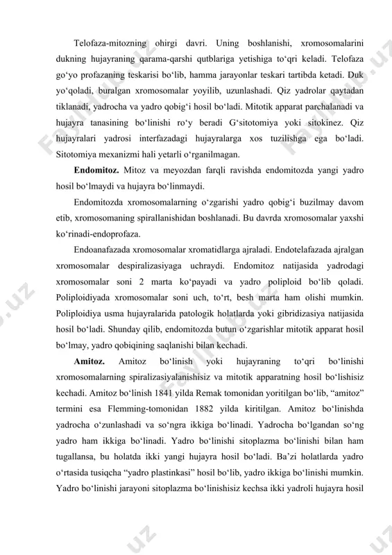 41 yilda remak tomonidan yoritilgan bo‘lib, “amitoz” termini esa flemming-tomonidan 1882 yilda kiritilgan. amitoz bo‘linishda yadrocha o‘zunlashadi va so‘ngra ikkiga bo‘linadi. yadrocha bo‘lgandan so‘ng yadro ham ikkiga bo‘linadi. yadro bo‘linishi sitoplazma bo‘linishi bilan ham tugallansa, bu holatda ikki yangi hujayra hosil bo‘ladi. ba’zi holatlarda yadro o‘rtasida tusiqcha “yadro plastinkasi” hosil bo‘lib, yadro ikkiga bo‘linishi mumkin. yadro bo‘linishi jarayoni sitoplazma bo‘linishisiz kechsa ikki yadroli hujayra hosil bo‘ladi. amitoz bo‘linishda yadro interfaza holatida bo‘lib, hujayra o‘z funksiyasini bajaraveradi. amitotik bo‘linish ko‘pchilik organlarda topilgan va bu bo‘linish hujayralarning yashash muhitiga bog‘liq bo‘lsa kerak. ko‘ndalang-targ‘il mushak to‘qimasining denervasiyasida, mexanik jarohatlaganda yoki ba’zi bir boshqa ta’sirlarda mushak to‘qimasida amitotik bo‘linishni kuzatish mumkin. amitotik bo‘linish ko‘ndalang-targ‘il mushakning taraqqiyoti davrida yoki jigar hujayralarida ham kuzatiladi. ba’zi hollarda mitotik bo‘linish amitotik bo‘linish bilan almashinishi mumkin. mitotik bo‘linishdan farqli ravishda dnk ning yangi hosil bo‘lgan yadrolarda teng taqsimlanishi amitoz bo‘linishda ba’zi holatlarda bo‘ladi xolos. amitoz bo‘linish natijasida hosil bo‘ladigan …
