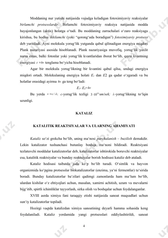 aktsiyalar esa, katalitik reaktsiyalar va bunday reaktsiyalar borish hodisasi kataliz deb ataladi. kataliz hodisasi taibatda juda ko‘p bo‘lib turadi. o‘simlik va hayvon organizmida ko‘pgina protsesslar biokatalizatorlar (enzima, ya‘ni fermentlar) ta‘sirida boradi. bunday katalizatorlar ba‘zilari qadimgi zamonlarda ham ma‘lum bo‘lib, ulardan kishilar o‘z ehtiyojlari uchun, masalan, xamirni achitish, uzum va mevalarni bijg‘itib, spirtli ichimliklar tayyorlash, sirka olish va boshqalar uchun foydalanganlar. xviii asrda ximiya fani taraqqiy etishi natijasida sanoat maqsadlari uchun sun‘iy katalizatorlar topiladi. hozirgi vaqtda katalizdan ximiya sanoatining deyarli hamma sohasida keng foydalaniladi. kataliz yordamida yangi protsesslari oddiylashtirildi, sanoat uskunalarining texnika iqtisodiy ko‘rsatkichlari anchagina ko‘tarildi. kataliz hodisasini tekshirishda olingan natijalar ximiya sanoatining talablariga bevosita javob bergani uchun, kataliz hodisasiga qiziqish juda kuchaydi va bu sohada anchagina muvaffaqiyatlarga erishildi. sun‘iy kauchuk hosil qilish, vodorod va azotdan ammiak olish, sun‘iy usullar bilan spirt, polimerlanish protsesslari yordamida turli plastmassalar olishda, yoqilg‘i sanoatda va kreking sanoatida, shuningdek, sanoatning boshqa tarmoqlarida keng ravishda katalizatorlardan foydalaniladi. …