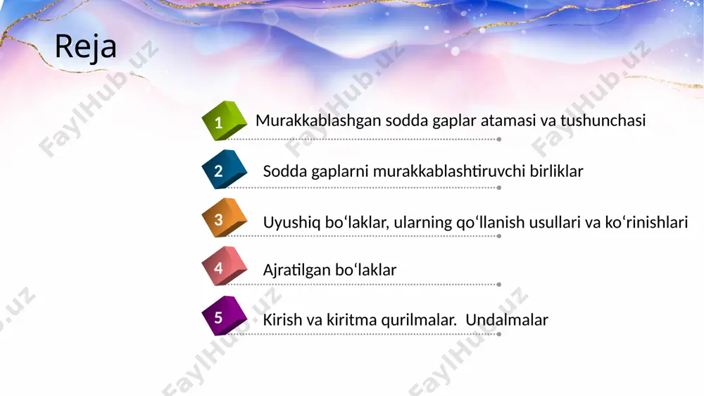 an: ona yurtimning — o‘zbekistonning istiqboli buyukdir («o‘zbekiston ovozi») lekin katta mazmuniy o‘zgarish ro‘y beradi. ikki voqelik, ikki propozitsiya ifodalanadi. anglashiladiki, gap tarkibida an’anaviy sintaktik aloqaga kirishmaydigan sintaktik shakllar ishtirok etsa, ular ham shakliy, ham mazmuniy tomondan murakkablashadi. murakkablashgan gaplarning sodda va qo‘shma gaplardan farqli o‘ziga xos xususiyatlari bor: murakkablashgan gaplar orqali birgina maqsad ifodalanmay, murakkab fikr o‘z ifodasini topadi. 01 murakkablashgan gapni tashkil etgan bo‘laklar gapning umumiy mazmuni bilan izohlash munosabatida bo‘ladi. 02 murakkablashgan gapda ikki xil predikativ birlik, hukm bo‘ladi. bu predikativ birlikning biri asosiy bo‘lib, ikkinchisi to‘liq bo‘lmagan hukmdir. asosiy hukm gapning umumiy mazmunidan anglashilsa, to‘liq bo‘lmagan hukm gapning uyushiq, ajratilgan bo‘laklari, undalma va kirish bo‘laklar orqali ifodalanadi. 03 murakkablashgan gapni tashkil etgan bo‘laklar asosiy gapning umumiy mazmuni bilan munosabatga kirishadi 04 murakkablashgan gaplarning sodda va qo‘shma gaplardan farqli o‘ziga xos xususiyatlari bor: murakkablashgan gapni tashkil qiluvchi bo‘laklar o‘ziga xos intonatsiya bilan talaffuz etiladi. bu intonatsiya boshqa …
