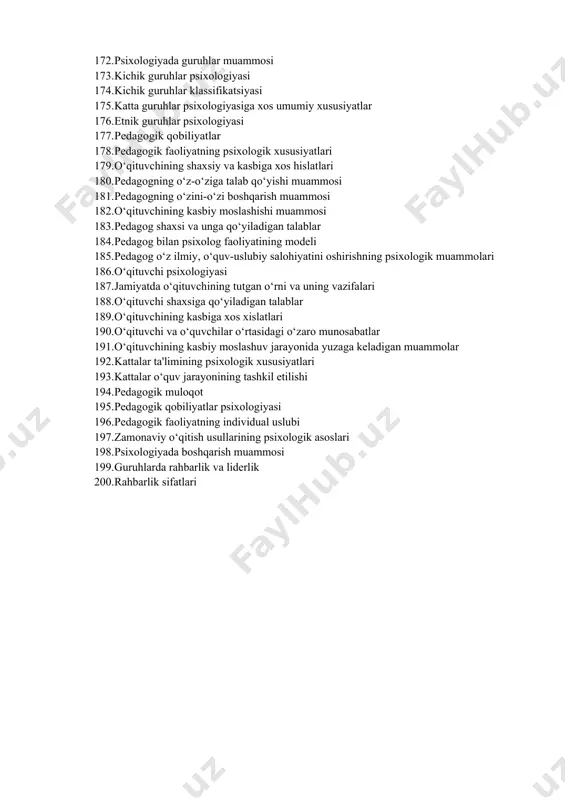 jarayonlari 131. keksalik bioijtimoiy hodisa sifatida 132. keksayish va keksalik 133. biologik keksayish davridagi shaxs psixologiyasi 134. keksalik davridagi shaxsning psixologik xususiyatlari 135. keksalikning yosh chegaralari muammolari 136. keksalik davrida shaxsiy inqiroz 137. keksalik davrida yetakchi faoliyat va rivojlanishning ijtimoiy shart-sharoitlari 138. keksalik davrining shaxsiy xususiyatlari 139. uzoq umr ko‘ruvchilarning psixologik xususiyatlari 140. oila psixologiyasi 141. oila kichik guruh sifatida 142. shaxsning shakllanishida oiladagi shaxslararo munosabatlarning roli 143. shaxs shakllanishida oilaning roli 144. yoshlarning oilaviy hayotga tayyorlik muammosi 145. oila turlari 146. oilada tarbiya uslublari 147. oilaviy shaxslararo munosabatlarning mummolari 148. oilaviy nizolar 149. oilaviy nizolarning kelib chiqish sabablari va uning oqibatlari 150. tarbiya psixologiyasi 151. tarbiya jarayonining psixologik asoslari 152. tarbiya jarayonining psixologik mohiyati, maqsad va vazifalari 153. tarbiyaviy ta'sirning psixologik asoslari 154. tarbiya metodlari va vositalarining psixologik mazmuni 155. bolalar jamoasi va uning tarbiyaviy imkoniyatlari 156. turli yosh bosqichlarida tarbiya xususiyatlari 157. o‘quv jamoasining o‘quvchiga tarbiyaviy ta'sir ko‘rsatish …