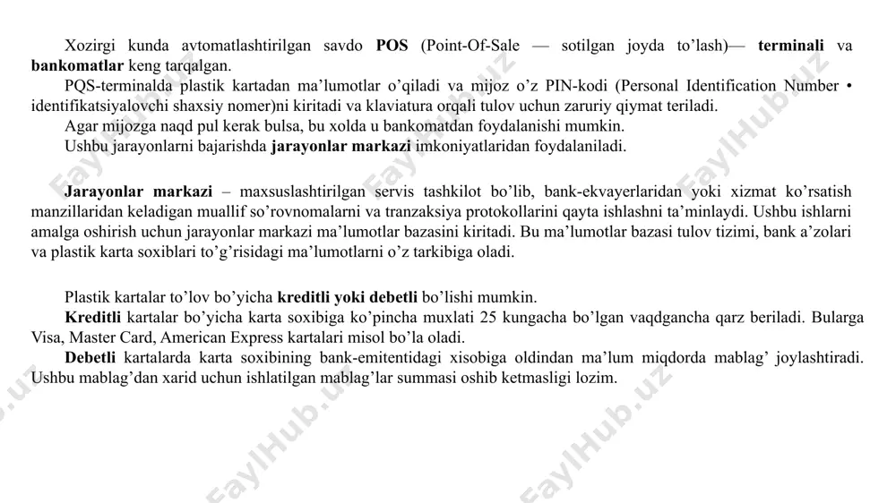ulot bo’lsa, bevosita internetdan manzilga yetkazilishi mumkin. elektron banklarni tashkil etishdan asosiy maqsad bankning doimiy xarajatlarini kamaytirish va keng ommani qamrab olishdir. shu bois, elektron bank­lar uz mijozlariga yukori foiz stavkalarini taklif kilishlari mumkin. axborotlarni ximoyalashning asosiy vosatalari xaridor, kredit kartasi soxibi, bevosita tarmoq orqali to’lovlarni bajarish uchun ishonchli va ximoyalangan vositalarga ega bulishi lozim. xozirgi kunda ssl (secure socket layer) va set (secure electronic transactions) protokollari ishlab chikilgan: • ssl protokoli ma’lumotlarni kanal darajasida shifrlashda ko’llaniladi; • set xavfsiz elektron tranzaksiyalari protokoli yakinda ishlab chikilgan bo’lib, fakatgina moliyaviy ma’lumotlarni shifrlashda kullaniladi. set protokolining joriy etilishi bevosita internetda kredit kartalar bilan tulovlar sonining keskin oshishiga olib keladi. set protokoli kuyidagilarni ta’minlashga kafolat beradi: • axborotlarning tulik maxfiyligi, chunki foydalanuvchi tulov ma’lumotlarining ximoyalanganligiga tulik ishonch xosil kilishi kerak; • ma’lumotlarning to’liq saqlanishi, ya’ni ma’lu­motlarni uzatish jarayonida buzilmasligini kafolatlash. buni bajarish omillaridan biri raqamli imzoni qo’llashdir; • kredit karta soxibining xisob raqamini …