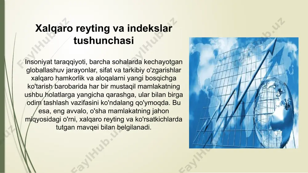 a oshirildi va bu mamlakatda ijtimoiy barqarorlikni ta’minlashga yordam berdi. xalqaro huquq va inson huquqlari tashkilotlari tomonidan qo‘llab-quvvatlangan bu islohotlar mamlakatning ijtimoiy rivojlanishiga katta hissa qo‘shdi.o‘zbekistonning matbuot va so‘z erkinligi sohasidagi yutuqlari ham ijobiy baholandi. so‘z va matbuot erkinligini ta’minlash bo‘yicha amalga oshirilgan islohotlar “pressfreedom index”da o‘zbekistonning o‘rinini 19 pog‘onaga yuqorilashiga olib keldi. bu jarayon o‘zbekistonning xalqaro sahnadagi imijini mustahkamlashga xizmat qildi va respublikada jurnalistlar uchun xavfsiz muhit yaratishga yordam berdi iqtisodiy islohotlar va globalr eytinglardagi o‘zgarishlar. o‘zbekistonningiqtisodiyislohotlari, ayniqsa, biznesmuhitiningyaxshilanishivainvestitsiyajalbqilishgaqaratilgansa’y-harakatlar, xalqaroreytinglardayuqoribaholandi. jahon bankining “doing business” reytingida mamlakatning pozitsiyasi sezilarli darajada yaxshilandi. 2016-yildan boshlab amalga oshirilgan islohotlar biznesni boshlash, soliqlarni to‘lash, imtiyozlar va byurokratik to‘siqlarni kamaytirish kabi sohalarda katta ijobiy o‘zgarishlarni keltirib chiqardi. 2020-yilda o‘zbekiston 190 mamlakat ichida 69-o‘rinni egalladi.texnologik rivojlanish va innovatsiyalar sohasidagi islohotlar o‘zbekistonning global innovatsiyalar indeksida yuqorilashiga sabab bo‘ldi. 2022-yilda o‘zbekiston innovatsiyalar sohasida 7 pog‘ona yuqoriladi. innovatsiya, raqamli texnologiyalarni rivojlantirish va ilmiy tadqiqotlarga qaratilgan investitsiyalar mamlakat iqtisodiy o‘sishining …