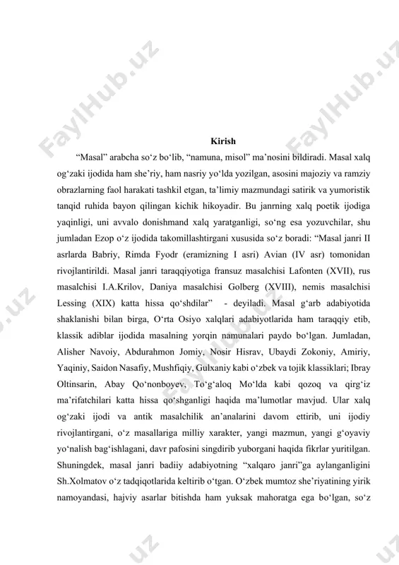 ilib, “ezop tili” deyilgan va shu ta’bir joriy qilingan». ezop quldorlik jamiyati sharoitida hukmron doiralarning jirkanch kirdikorlarini ochiqdan-ochiq tanqid qilish ilojini topolmagach, o’zining satirik asarlarini kinoyaviy til va uslubda yozishga majbur bo’lgan. feodal istibdodi sharoitlarida yashab ijod etgan mashhur rus masalchisi i. a. krilov ham, atoqli o’zbek masalchisi gulxaniy ham “ezop tili”da yozganlar. frantsuz shoiri lafontenning masallari ham mashhur. a. navoiy dostonlarining bir qancha epizodlari, “sher bilan durroj”, “kabutar” singari masallari yaxshi xislatlarni tarbiyalashda katta ro‘l o’ynaydi. o’zbek adabiyotida sayido nasafiy, maxmur, gulxaniy kabi shoirlar ham navoiy an’analarini davom ettirganlar, bolalarbop ko’pgina masallar yozganlar. hayvonlar, parrandalar, hasharotlar, gullar haqidagi majoziy asarlarni bolalar qiziqib o’qiydilar. mana shu nuqtai nazardan sayido nasafiyning “bahoriyot” (“hayvonotnoma”) asari ahamiyatlidir. nasafiyning masallari, axloqiy va tarbiyaviy masalalarga doir fikr hamda qarashlari bolalarning o’qish va tarbiyasida katta ahamiyat kasb etishi bilan birga, ularning kitobxonlik doirasini ham kengaytiradi. mashhur masalnavis gulxaniyning “toshbaqa bilan chayon”, “maymun bilan najjor” masallari boshlang’ich …