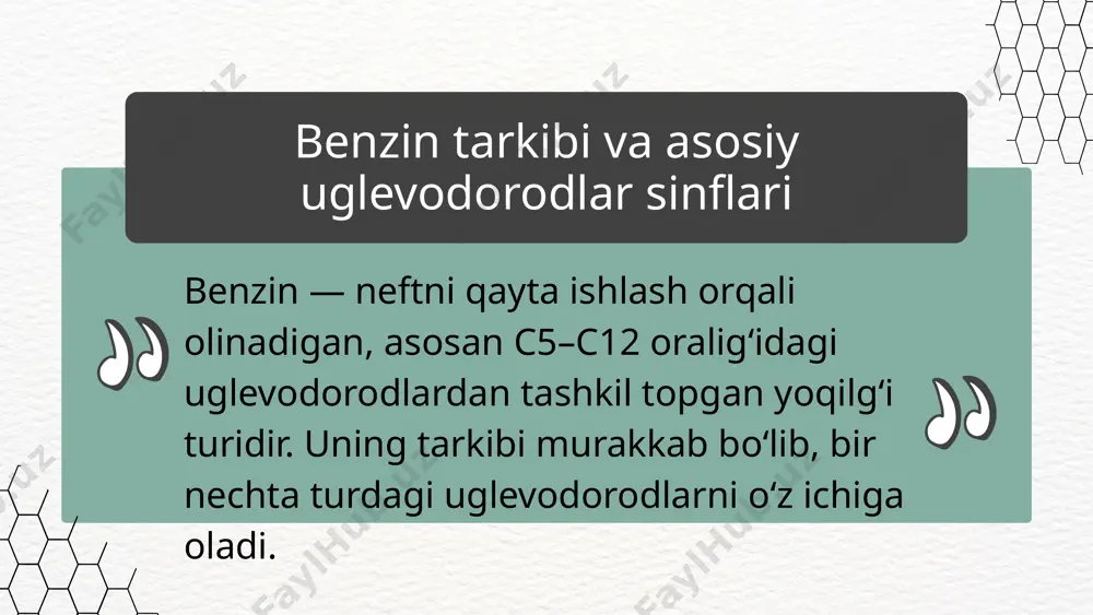 il qo‘shimchalar qo‘llanadi. c) yashil texnologiyalar va ekologik talablar biyo-komponentlar (etanol va boshqalar) — yoqilg‘iga aralashtirib, uglerod chiqindilarini kamaytiradi. avtomatlashtirilgan nazorat tizimlari — benzin tarkibini real vaqt rejimida nazorat qilishga yordam beradi. benzin sifati uning tarkibidagi uglevodorodlar sinfiga bog‘liq. alkanlar, alkenlar va aromatiklar benzinning oktan soni, yonish samaradorligi va ekologik xususiyatlariga turlicha ta’sir qiladi. sifatni oshirish uchun fraksiyalash, kreking va qo‘shimchalar qo‘shish kabi usullar qo‘llaniladi. ekologik toza, samarali benzin ishlab chiqarish hozirgi davrning muhim talablaridan biridir. xulosa 1. karimov, a.a. "neft va gazni qayta ishlash", toshkent: o‘zbekiston milliy ensiklopediyasi nashriyoti, 2018. 2. xamidov, m. va boshqalar. "yoqilg‘i va yonilg‘i materiallari", toshkent: oliy ta’lim, 2020. 3. гончаров, в.м. "химия нефти и газа", москва: химия, 2016 adabiyotlar roʻyxati 4. gary, j.h., handwerk, g.e. "petroleum refining: technology and economics", 5th edition, crc press, 2007. 5. internet manbalari: www.energy.gov www.chevron. comwww.sciencedirect.com eʼtiboringiz uchun tashakkur ❤️❤️❤️ image1.jpeg image2.png image3.svg image3.png image5.svg image4.jpeg image5.png image8.svg image6.jpeg …
