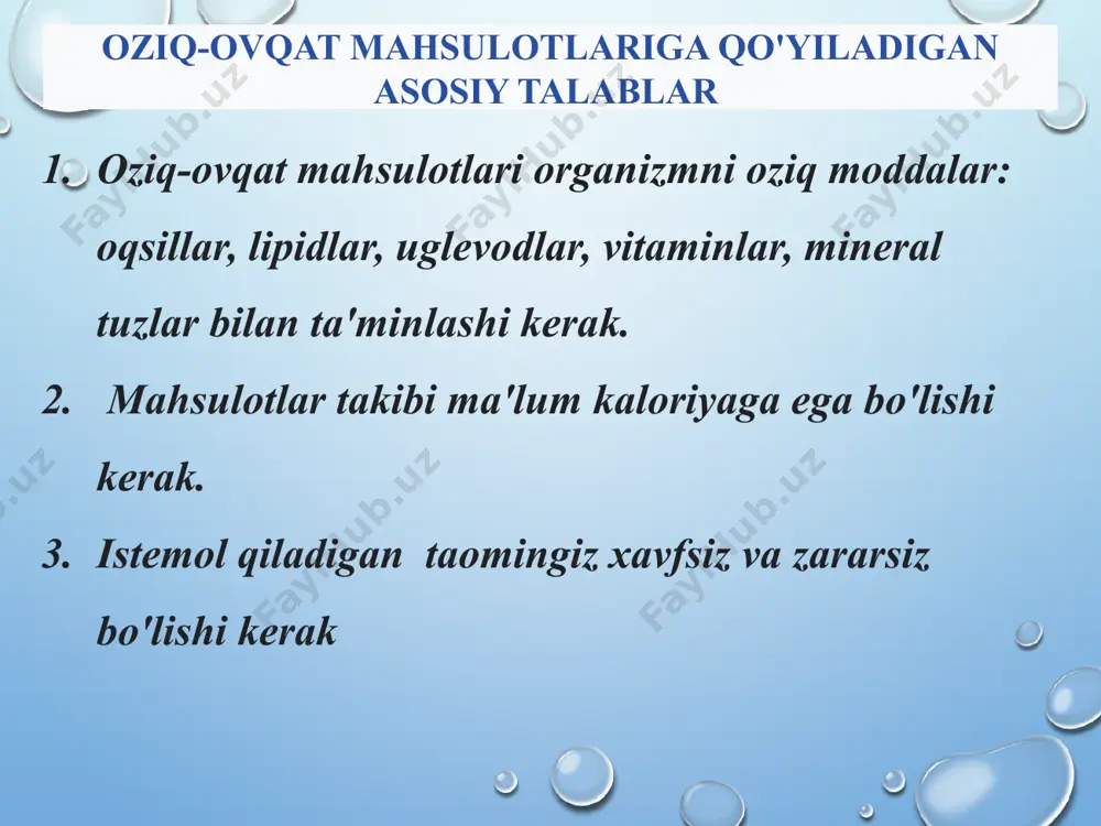 .: idishlar, jele, qaynatilgan kolbasa. tez buziladigan tovarlar: go'sht va go'sht mahsulotlari, sut va sut mahsulotlari, baliq va baliq mahsulotlari. tez buzilmaydigan: namlik miqdori 15% dan kam bo'lgan quruq ovqat. xususan tez buziladigan mahsulotlarni faqat sovutish sharoitida va faqat qat'iy cheklangan muddatlarda saqlashga ruxsat beriladi. ovqatlanish sifati inson hayotini ta'minlash, umr ko'rish davomiyligini ta'minlash, yomon odatlar va ta'sirlarning oqibatlarini bartaraf etish, harakatsizlik va zararli ekologiya bo'yicha 1-o'rinda oziq moddalar jismoniy va aqliy ish faoliyatini to'liq ta'minlaydi, hayotning salomatligi va sifatini, ma'lum bir hududda (mahalliy tur) yashovchi odamning tashqi ko'rinishini belgilaydi. barcha hujayralar, to'qimalar va organlarning metabolizmi, tuzilishi va faoliyati ovqatlanishga bog'liq. to'g'ri (ratsional, muvozanatli) ovqatlanish ekvivalent jismoniy xarajatlar bilan birgalikda salomatlikni saqlash va kasalliklarning oldini olishning asosiy omillaridan biridir. image3.png image4.jpg image5.jpg image6.jpg image1.png