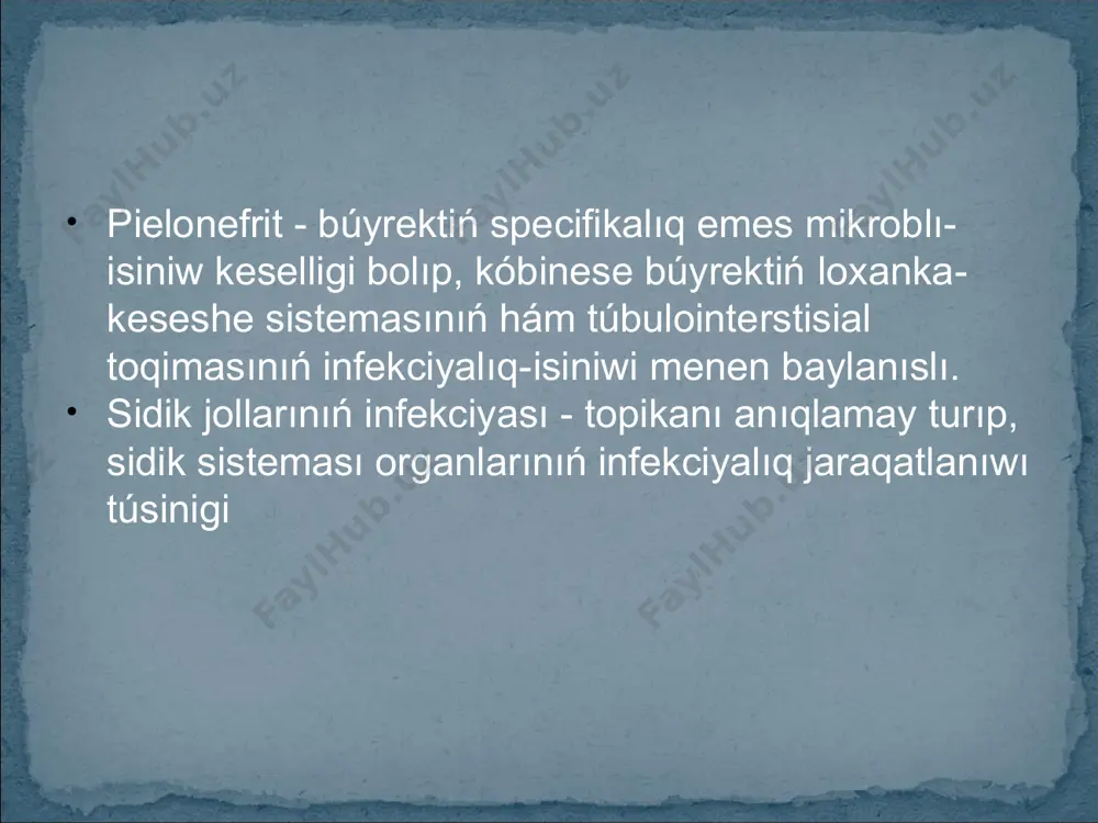 arlıǵı, búyreklerdiń koncentraciyalıq funkciyasınıń buzılıwı) gematologiyalıq - echt tezlesiwi, neytrofil leykocitoz balalardaǵı sidik sisteması infekciyasınıń klinikalıq kórinisleri polimorfizmliligi hám specifik emesligi menen ajıralıp turadı. jańa tuwılǵan balalarda ózine tán simptomlar payda bolǵansha sidik sistemasında baslanıp atırǵan isiniwdiń birden-bir belgisi sozılıp ketken sarılıq bolıwı múmkin. jańa tuwılǵanlar hám kishi jastaǵı balalar-daǵı sji klinikalıq kórinisinde intoksikaciya-nıń specifikalıq emes simptomları ústinlik etedi: ısıtpa, teriniń reńliligi yamasa mramor-lılıǵı, hálsizleniw, ishteydiń tómenlewi, qusıw hám qayt etiw, salmaqtıń jeterli dárejede artpawı yamasa onıń azayıwı, diareya. erte jastaǵı balalarda (ásirese jańa tuwılǵanlar hám ómirinin birinshi jası) sji tek bir simptomı temperaturanıń kóteriliwi (ısıtpa) bolıwı múmkin. ómiriniń birinshi jılındaǵı balalardaǵı dizuriyanıń ekvivalenti - sidik shıǵarıwdan aldın, waqtında hám keyin tınıshsızlanıw yamasa jılaw, bettiń qızarıwı, "qırıqlawı," quıq ustiniń kernewliligi, az muǵdarda sidik shıǵarıwı, hálsizlik, sidik aǵımınıń uzilip turıwı bolıwı múmkin. 1,5-2 jasqa shekem bolgan jaslarda sidik jolınıń tómengi bólimleri infekciyasında sidik shıǵarıwda awırıw hám onıń jiyiligi sıyaqlı belgiler az …