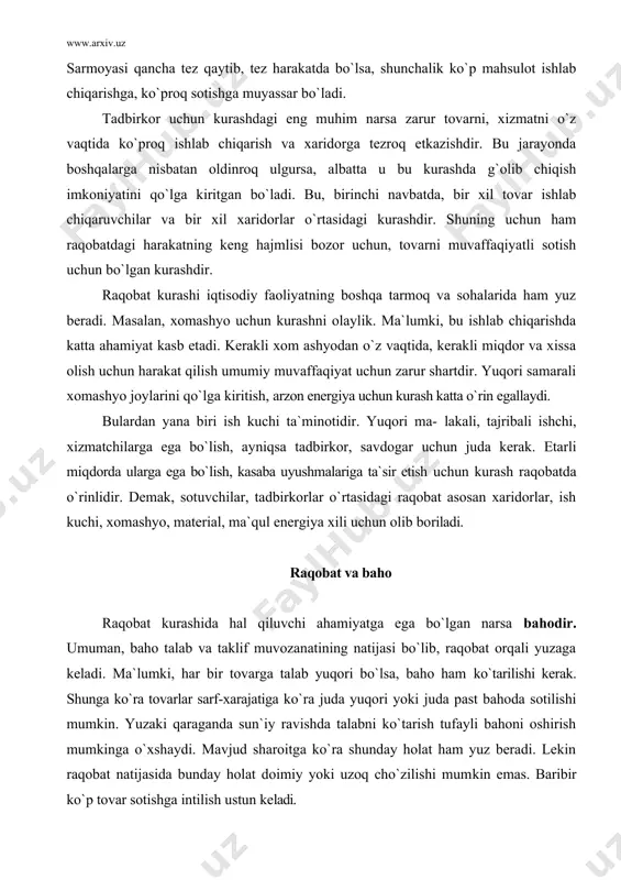r sarf-xarajatiga ko`ra juda yuqori yoki juda past bahoda sotilishi mumkin. yuzaki qaraganda sun`iy ravishda talabni ko`tarish tufayli bahoni oshirish mumkinga o`xshaydi. mavjud sharoitga ko`ra shunday holat ham yuz beradi. lekin raqobat natijasida bunday holat doimiy yoki uzoq cho`zilishi mumkin emas. baribir ko`p tovar sotishga intilish ustun keladi. iste`molchining daromad darajasiga ta`sir ko`rsatuvchi baho raqobat holatiga bog`liq bo`lib, u turg`un bo`la olmaydi, to`xtovsiz o`zgarib turadi. bozor ishtirokchi-lari uchun bozor holatini ko`rsatib turadigan narsa ham baho bo`lib, u sotuvchi va xaridorlarning harakat yo`nalishini aniqlab beradi. chunki bozor ishtirokchilari bozorga qachon va qancha tovar etkazib turishni baho darajasi orqali aniqlaydilar. bu esa bevosita ishlab chiqarishga ta`sir ko`rsatadi. qachon, qancha, qanday tovar ishlab chiqarishni bozordagi yuzaga kelib turgan baho orqali belgilab ish ko`riladi. raqobat tufayli paydo bo`ladigan bozordagi baholarning tadbirkor va iste`molchilar uchun muhimligini ikki narsada ifodalanadi. birinchisida tadbirkorning foydasi va daromadi ifodalanadi, ikkinchisida bozor holati aniqlanadi. iste`molchi - xaridorni olsak, u ham …