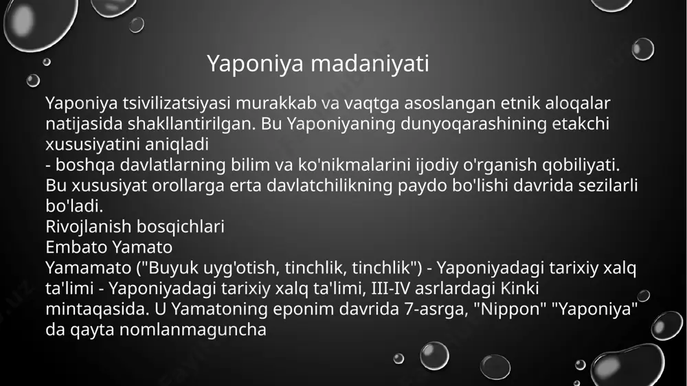 'rsatdi evropa rasmlari, teatr va adabiyotni rivojlantirish. natijada hosil bo'lgan yapon tsivilizatsiyasi murakkab va vaqtga asoslangan etnik aloqalar. hindistondan farqli o'laroq yaponiya madaniyati va o'rta asrlar burilishida xitoylar faqat tug'ilgan edi, shuning uchun u yuqori dinamik va alien idrokiga maxsus sezgirlikta'sir qilish. qanday qilib "kodzika", yapon tili va adabiyoti eng qadimgi yodgorligi, quyoshning ma'budaligi, sunnerasning nabirasi nabirasini ningigi shahzodasiga bergan. yapon tilining xudbin ajdodlari, yata muqaddas ko'zgu va dedi: "menga qaraydiganingizdek, bu oynaga qarang." u unga murakamo va muqaddas yashmovning muqaddas qilichi bilan birga bu oyna berdi yasaakani marjon. bu uchta yapon xalqining uchta ramzi, yapon madaniyati, yaponcha vaqtinchalik davlatchilik avloddan-avlodgacha bo'lgan muqaddas jang etaishi, bilim va san'at. yaponiya madaniyati va san'ati tarixida siz uchta chuqurlik, dinamika ajratishingiz mumkin tirik oqimlari, yapon ma'naviyatining uchta o'lchovi, interfrenerener va bir-biringizni boyitish: shinto (samoviy xudolar) - odamlar ommaviyoti yapon dini; zen yaponiyaning eng nufuzli buddizm oqimi (zen shu bilan birga, o'rta asrlarga o'xshash …
