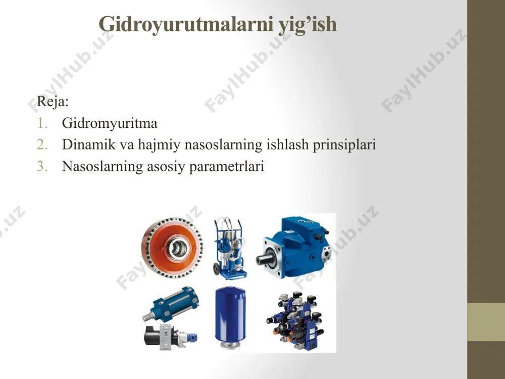 laydigan gidravlik mashina orqali quvvatning teskari oqimi bilan bog'liq. nasoslardan farqli o'laroq, gidromotorda bosim ostida ishlaydigan suyuqlik kirishga beriladi va chiqishda mildan moment chiqariladi. eng keng tarqalgan tishli, plastinka, eksenel-piston va radial-piston gidromotorlari. gidromotor milining harakatini boshqarish gidravlik distribyutor yordamida yoki gidravlik aktuatorni boshqarish vositalaridan foydalangan holda amalga oshiriladi. shlang aktuatorlarni yig'ishda ular quyidagi ketma-ketlikka rioya qilinadi nasoslar va ishlaydigan tsilindrlarni yig'ishdan boshlab, so'ngra tarqatish moslamalari va boshqaruv moslamalarini yig'iladi va nihoyat yog ' quvurlari o'rnatiladi nasoslarning tuzilishi, turli parametrlar, suyuqlikka energiya berish usuli va boshkalarga karab turlicha klassifikatsiyalash usullari mavjud. eng kup tarkalgan usul ularni ishlash printsipiga qarab klassifikatsiyalashdir. bunda nasoslar asosan ikkita katta gruppaga: kurakli va hajmiy nasoslarga bulinadi. bu ikki tur nasoslar deyarli barcha nasoslarni uz ichiga oladi, lekin bir kancha boshkacha printsipda ishlaydigan nasoslar bu ikki turga kirmaydi. bularga oqimchali nasoslar (uchinchi tur sifatida ajratish mumkin) va boshqa kutargichlar kiradi. kurakli nasoslar yana markazdan qochma ukiy …