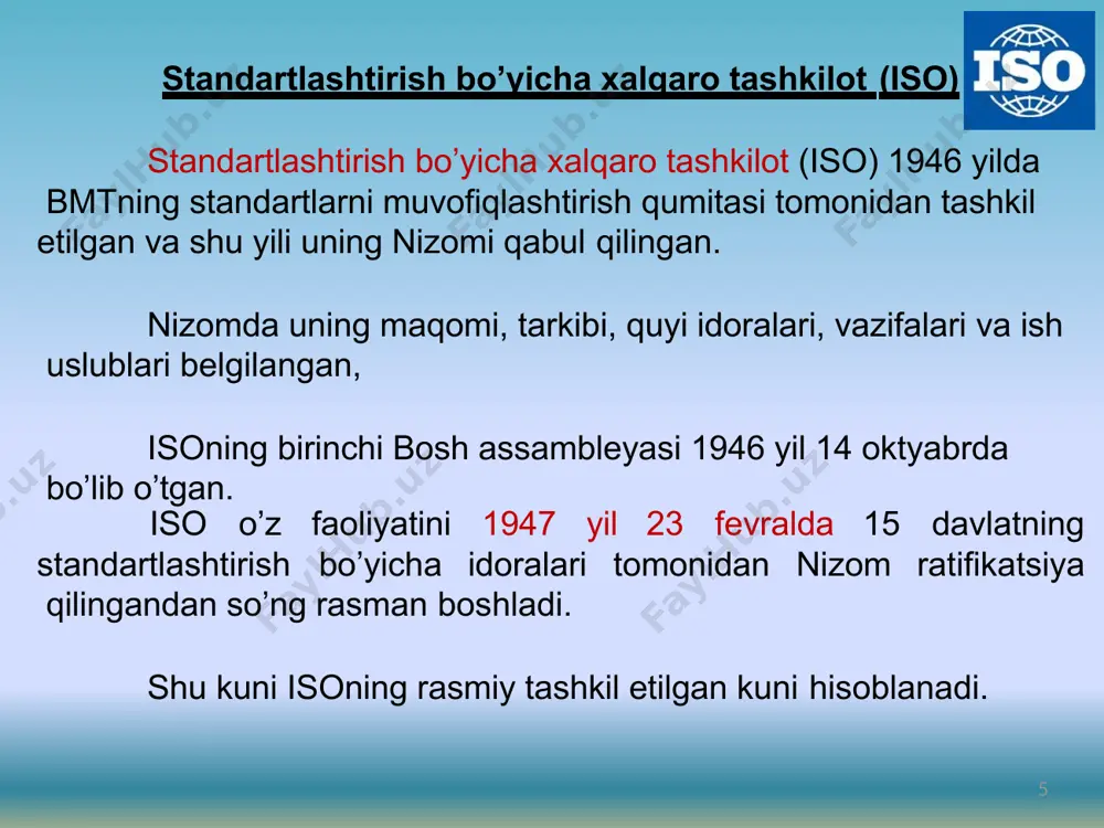 nlarini takomillashtirish, aniq o’lchashlarning yangi usullari va vositalarini ishlab chiqish va qo’ll1a8shdir. o’lchovlar va og’irlik bo’yicha bosh konferentsiya o’lchovlar va og’irlik xalqaro qumitasi o’lchovlar va og’irlik bo’yicha xalqaro byuro fotometriya o’lchamalari birliklarini aniqlash maslaxat kumitasi radiometriya o’lchamlari birliklarini aniqlash maslaxat kumitasi ionli nurlanishlar o’lchamlari birliklarini aniqlash maslaxat kumitasi qimyoviy o’lchamlar birlilarini aniqlash maslaxat kumitasi massa birligini aniqlash maslaxat kumitasi vaqt birligini aniqlash masla- xat kumitasi uzunlik birligini aniqlash masla- xat kumitasi elektr o’lchamlar birligini aniqlash masla-xat kumitasi qonunlashtiruvchi metrologiya bo’yicha xalqaro tashkilot 1956 yilda qonunlashtiruvchi metrologiya bo’yicha xalqaro tashkilot (фр. organisation internationale de métrologie légale, oiml, англ. international organization of legal metrology) tashkil etildi. unga xozirda 85 davlat a’zodir.qmxt qonunlashtiruvchi metrologiyaning quyidagi umumiy masalalari bilan shug’ullanadi: - o’lchash vositalarining aniqligi sinflarini belgilaydi; - o’lchash vositalarining turlariining birxilliligini tahminlaydi; - o’lchash chiqadi; -o’lchash vositalarining sinovlari bo’yicha tavsiyalarini ishlab vositalarini qiyoslash va kalibrlash tartibi boyicha tavsiyalarini ishlab chiqadi. 20 qonunlashtiruvchi metrologiya bo’yicha …