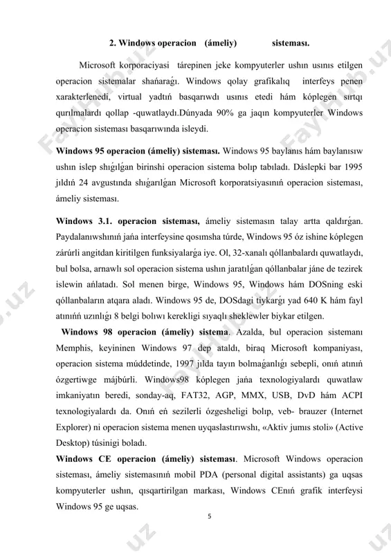 ilikleri tómendegiler bolıp tabıladı: - funksional uyqaslıq ; - mobillik; - masshtablanıwshańlıq; - sistemanıń basqarılıwı; - ashıq interfeys; - sanaat standartların quwatlaw. windows nt dıń eki markası bar: windows nt server, tarmaqlarda server retinde islew ushın hám windows nt workstation bólek yamasa klient jumıs stansiyaları ushın islengen. windows xp operacion (ámeliy) sisteması. microsoft korporatsiyasi tárepinen 2001 jılda usınıs etilgen operacion sistema. microsoft, windows xpni windows 95 shıǵarılǵannan berli eń zárúrli programmalıq ónim dep atadi. windows xp, windows 2000 dıń ózeginde qurılǵan bolıp, jańa sırtqı ańlatpaǵa hám grafik interfeyske iye. windowstıń aldınǵı markalarına salıstırǵanda óz-ara joqarı turaqlılıq hám isenimlilikti sáwlelengenlestirgen. windows xpning eki markası ámeldegi: home hám professional. microsoft hár eki markanıń mobilligine úlken itibar qaratdı, sonday-aq, qosdı. sımsız tarmaqlarǵa jalǵanıw ushın “plug- and-play” quralın da, windows xpda «xp» «experience»ni ańlatadı. 3. fayl, katalog hám disk haqqında túsinik fayl - qandayda bir atqa iye bolǵan hám kompyuterdiń sırtqı yadında jaylasqan báyitler …