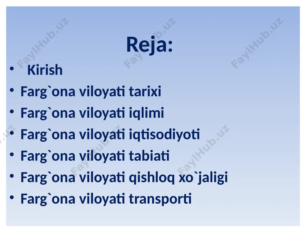 nergetika fargʻona viloyati respublikaning sanoati rivojlangan viloyatlaridan. viloyatda 86 ta yirik sanoat korxonasi mavjud. sanoatining yetakchi tarmoqlari: yoqilgʻienergetika, kimyo, mashinasozlik, qurilish materiallari, paxtani tozalash va qayta ishlash, yengil va oziqovkat sanoati va boshqa energetika bazasi, asosan, issiqlik elektr styalardan iborat boʻlib, eng yiriklari: fargʻona, qoʻqon issiqlik elektr markazlari, quvasoy issiqlik elektr styasi. barcha styalar oʻrta osiyoning yagona energetika tizimiga birlashtirilgan. kimyo sanoatining eng yirik korxonalari fargona va qoʻqon shaharlarida joylashgan. „azot“ ishlab chiqarish birlashmasi, kimyoviy tolalar, furan birikmalari kimyo zavodlari, qoʻqon superfosfat zavodi va boshqalar shular jumlasidandir. viloyatda fargʻona neftni qayta ishlash zavodi joylashgan. qurilish materiallari sanoati rivojlangan. quvasoydagi sement zavodi respublikada ishlab chiqariladigan sementning toʻrtdan bir qismidan koʻprogʻini beradi 12 qishloq xoʻjaligining asosiy tarmoklari — paxtachilik, gʻallachilik, pillachilik, bogʻdorchilik va chorvachilik. viloyatdagi barcha ekin maydoni 288,9 ming ga, shu jumladan, 129,6 ming ga yerga don, 115,9 ming ga yerga paxta, shuningdek, texnika ekinlari, 11,7 ming ga yerga sabzavot va …