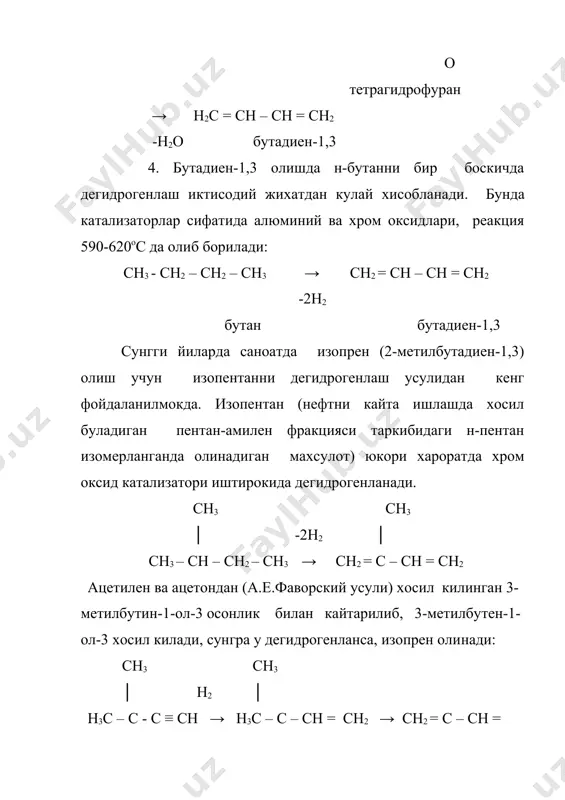 булган полимер полибутадиенлар хосил булади: полимерланиш nch2 = ch – ch = ch2 бутадиен-1,3 (мономер) .... – ch2 – ch = ch – ch2 – ch2 – ch = ch – ch2 - .... бутадиен-1,3 полимерининг куриниши cинтетик ва табиий каучук биринчи синтетик каучук 1930 йилда рус олими с.с.лебедев томонидан бутадиен-1,3 ни полимерлаб олинган. агарда каучукка олтингугурт еки сулфидлар кушиб киздирилса узун занжирлардаги кушбогларнинг айримлари узилиб уларга олтингугурт бирикади. бу бириккан олтингугурт иккинчи валентлиги хисобига, иккинчи узун молекула билан бирикади. шундай килиб полимер молекулалари бир-бири билан сулфид ва дисулфид куприклари оркали бирикиб юкори эластик резина хосил килади.агарда олтингугурт куп микдорда олинса ноэластик каттик этонит хосил булади. хозирги вактда нихоятда сифатли каучуклар синтезланмокда.табиий каучук субтропик (бразилия каби) мамлакатларда усадиган тропик дарахтларнинг ширасидан олинади. масалан, бразилияда усадиган гевея дарахти ширасидан, яъни куз ешларидан (кооча-каучуке) олинади. шира куритилганда коагуляцияланиб ва у кислота билан ювилиб тозаланади.табиий каучук таркиби (с5н8)n булиб изопрен мономерларидан хосил булгандир.у …