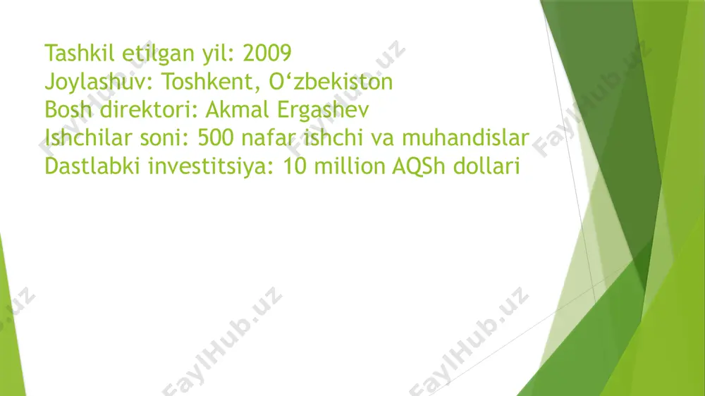 sion loyihalarda ishtirok etish va shaxsiy loyihalarni ishlab chiqish imkoniyatlari. kelajakdagi rivojlanish rejalari • 2027-yil: o‘rta osiyoda eng katta yashil energiya yetkazib beruvchi bo‘lish. • 2030-yil: butunjahon bozoriga kirib, global brendga aylanish. • ishchilar soni 2030-yilda: 1500 kishi. xulosa va yangi texnologiyalar ecotech industries kelajakda ekologik toza texnologiyalarni rivojlantirish orqali energiya sohasida inqilob qilishni va atrof-muhitni asrashni maqsad qiladi. raqobatbardosh mahsulotlar va innovatsion texnologiyalar bilan xalqaro bozorga chiqish rejalashtirilgan. /docprops/thumbnail.jpeg