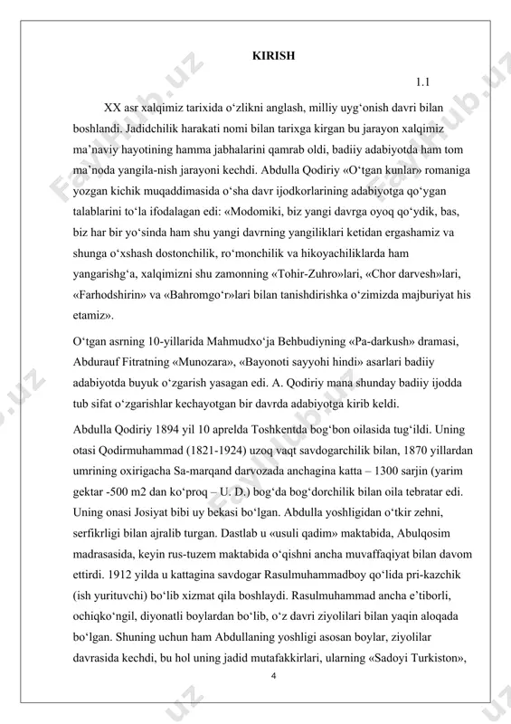 ko‘zga tashlanadi. ularda avloniy, tavallo, hamza kabi jadid shoirlariga xos xususiyatlar o‘z ifodasini topgan: ko‘r biz(n)ing ahvolimiz, g‘aflatda qanday yotamiz, joyi kelgan chog‘ida vijdonni pulga sotamiz. o‘g‘limizga na adab, na fan, na yaxshi so‘ylamoq, na xudoni buyrug‘i bo‘lgan ulum o‘rgotamiz. korimiz shundan iborat bo‘ldi ushbu chog‘da, o‘ntadan bedona boqib, yozu qish sayrotamiz. hamda har kun takyalarda nasha, ko‘knori chakib, bachchaga kokil solib, oh-voh bilan o‘ynotamiz. kelingiz, yoshlar, ziyolilar, bu kun g‘ayrat qiling, uxlaganlarni agar qodir esak uyg‘otamiz. jadidchilik g‘oyasi yetakchilik qilgan asarlari. 1.2 oradan ko‘p o‘tmay, a qodiriyning «baxtsiz kuyov» dramasi, «juvonboz», «uloqda» hikoyalari kitobxonlar qo‘liga borib tegdi. yozuvchining «juvonboz» hikoyasi va «baxtsiz kuyov» dramasi mahmudxo‘ja behbudiyning «padarkush» dramasining bevosita ta’sirida yaratilgan. «baxtsiz kuyov» mazmunan behbudiy dramasidan farq qilsa-da, jadidchilik g‘oyasi yetakchilik qiladi. ammo «juvonboz» hikoyasi syujeti «padarqush»ga juda yaqin turadi. hikoyaning bosh qahramoni – katta savdogar raufboyning o‘g‘li sa’dulla. u o‘qish, ilm olish o‘rniga iflos, fahsh yo‘llarga kirib, otasining …