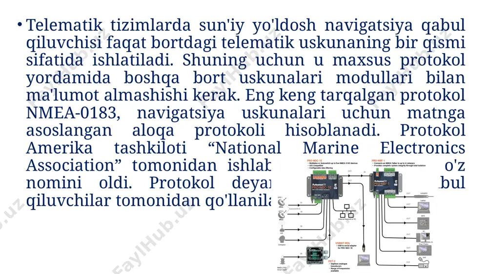 daqiqa shimoliy kenglik 01131.000, е – uzunlik, 11 gradus 31.000 daqiqa sharqiy uzunlik 1 - turi, standalone yechim 0 – yechim yuq, 1 – standalone, 2 – dgps, 3 – pps, 4 – fiksatsiyalangan rtk, 5 – fiksatsiyalanmagan rtk, 6 – inertsial tizimda ma’lumotlardan foydalanish, 7 – qo’l rejimi, 8 – simulyatsiya rejimi 08 – foydalanilgan sun’iy yo’ldoshlar soni 0.9 – geometric omillar, hdop 545.4, м – dengiz sathidan balandlik, m 46.9, м – geoidning ellipsda balandligi wgs 84 rmc - tavsiya etilgan minimal to'plam gps ma'lumotlari ushbu nmea xabari "pvt" deb ataladigan ma'lumotlarning butun to'plamini o'z ichiga oladi. "pvt" - bu "pozitsiya, tezlik, vaqt" ning umumiy qisqartmasi. $gprmc,123519,a,4807.038,n,01131.000,e,022.4,084.4,230394,003.1,w*6a rmc - sarlavha 123419 - utc vaqti, 12:34:59 a - holat (a - faol, v - e'tiborsiz) 4807.038, n - kenglik, 48 daraja 07.038 minut shimol 01131.000,e - uzunlik, 11 daraja 31.000 minut sharqiy uzunlik 022.4 - tezlik, tugunlarda 084.4 - …