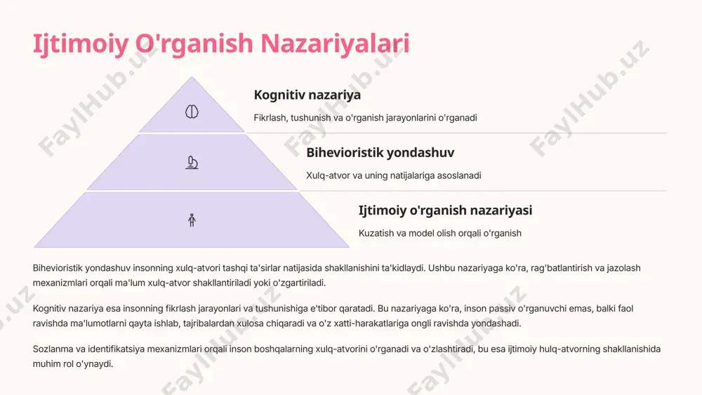 va boshqalar. bu rollar insonning o'zini tutishi, qaror qabul qilishi va boshqalar bilan muloqot qilishiga ta'sir ko'rsatadi. rol konfliktlari – bu turli ijtimoiy rollardagi kutilmalar o'rtasidagi ziddiyatlar. masalan, ish va oila majburiyatlari o'rtasidagi ziddiyat. bunday konfliktlarni hal qilish uchun inson o'z vaqtini va kuchini to'g'ri taqsimlashi, ustuvor vazifalarni belgilashi va ba'zan kompromiss topishi kerak. 5 ijtimoiy normalar va qadriyatlar jamiyat normalari ijtimoiy normalar – bu jamiyat a'zolari tomonidan qabul qilingan va kutilgan xulq-atvor qoidalari. ular yozilmagan bo'lishi mumkin, ammo jamiyat hayotida muhim rol o'ynaydi va ijtimoiy tartibni ta'minlaydi. madaniy qadriyatlar qadriyatlar – bu jamiyat a'zolari uchun muhim bo'lgan g'oyalar va tamoyillar. ular xulq-atvorga yo'nalish beradi va hayotning turli jabhalarida qaror qabul qilishga ta'sir ko'rsatadi. ijtimoiy konformizm konformizm – bu ijtimoiy me'yorlarga moslashish va ko'pchilik fikriga qo'shilish tendensiyasi. bu jamiyatda barqarorlikni ta'minlashga yordam beradi, ammo individual rivojlanishni cheklashi mumkin. individual yo'nalish individual yo'nalish – shaxsning o'z qadriyatlari va tamoyillariga asoslanib harakat …