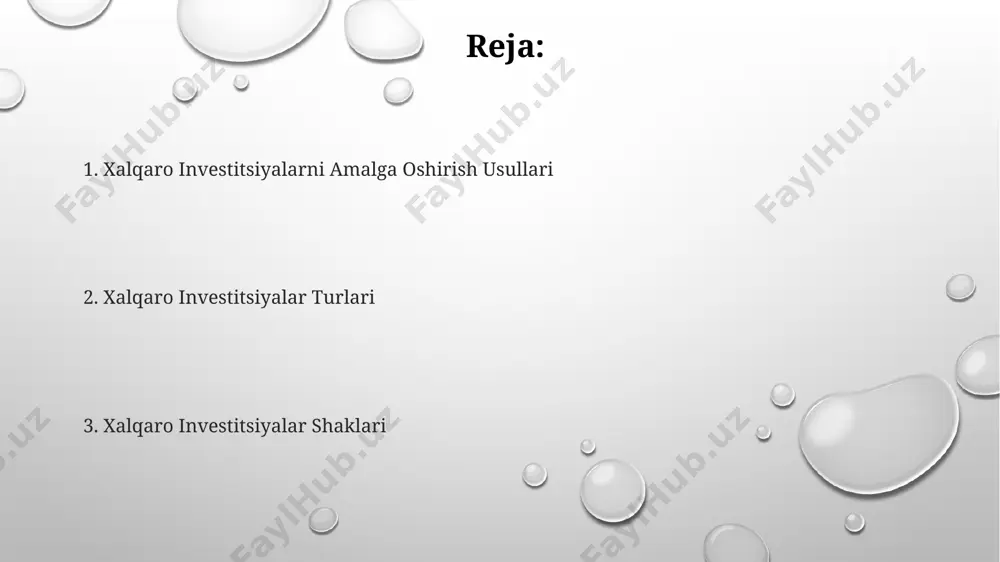 ini beradi. portfel investitsiyalari diversifikatsiyalash orqali 10% dan ortiq riskni kamaytirishi va yillik o'rtacha 7-10% foyda keltirishi mumkin, bu aktivlarning turlariga bog'liq. aktsiyalar, obligatsiyalar va boshqa qimmatli qog'ozlar kabi turli aktivlarni o'z ichiga oluvchi portfel investitsiyalari, bir aktivning pasayishi boshqalarning o'sishi bilan qoplanishini ta'minlaydi. to'g'ridan-to'g'ri xorijiy investitsiyalar (ttxi) to'g'ridan-to'g'ri xorijiy investitsiyalar (ttxi) ko'pincha 10% dan ortiq ulushga ega bo'lgan kompaniyalarga investitsiyalarni o'z ichiga oladi va bu investitsiyalarni nazorat qilish imkoniyatini beradi. 2022 yilda o'zbekistonga kelgan ttxi hajmi 5 milliard aqsh dollaridan oshgan bo'lib, bu mamlakat iqtisodiyotiga sezilarli hissa qo'shdi va 1000 dan ortiq yangi ish o'rinlari yaratdi. ttxi shartnomalarida investorlar o'z investitsiyalarini himoya qilish uchun kafolatlar va investitsion kelishuvlar kabi turli mexanizmlardan foydalanadilar, bu esa 20 dan ortiq turdagi shartnomalarni o'z ichiga olishi mumkin. loyihaviy moliyalashtirish katta loyihalarni moliyalashtirish uchun, xususan, 50 million aqsh dollaridan ortiq investitsiyalarni jalb etishda, sindikatlangan kreditlar va bondlar kabi murakkab moliyaviy instrumentlardan foydalaniladi. loyihaviy moliyalashtirishda …