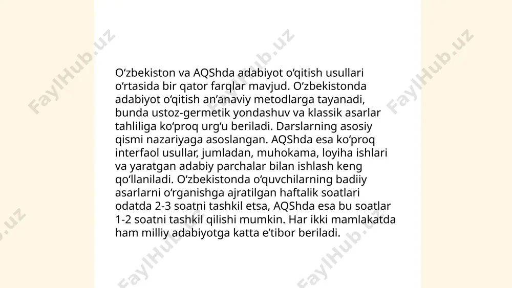 lanishi mumkin. talabalar bunday oʻquv rejalari orqali 20% samaradorlikka erishishi mumkin, bu ular grammatikani yanada samarali oʻrganishiga yordam beradi. o'qituvchilar darslar davomida ikki madaniyatning oʻxshash va farqli jihatlariga urgʻu berib, oʻquvchilarning 30% qiziqishini oshirishi mumkin. ... t.me/slaydai_bot adabiyot ta'limida tanqidiy fikrlashni rivojlantirish uchun bir qancha metodlar qo'llaniladi. 1) savol-javob metodi: o'quvchilarni matnlar ustidan savol berishga undaydi. 2) bahs-munozara: talabalarni adabiy asarlarning turli talqinlarini muhokama qilishga jalb etadi. 3) loyihalash: o'quvchilar adabiy asar asosida loyihalar yaratadilar. 4) konseptual xaritani qo'llash: asardagi asosiy g'oyalarni strukturaviy tarzda ifodalash. 5) model almashtirish: o'quvchilar asarning alternativ yakunlarini yaratadilar. 6) rasmiy tahlil: matnning estetik va uslubiy xususiyatlarini chuqur o'rganish. bu metodlar o'quvchilarning tahliliy va ijodiy salohiyatini oshiradi. ... t.me/slaydai_bot 12. o'qitishning an'anaviy va zamonaviy usullari samaradorligi turli jihatlar bilan o'lchanishi mumkin. an'anaviy usullar odatda ma'ruza va darsliklarga asoslanadi. ularning samaradorligi ko'pincha o'quvchining passiv ishtiroki bilan cheklanadi. zamonaviy usullar esa interaktiv ta'lim, texnologiyadan foydalanish, hamkorlikda o'rganishni o'z …