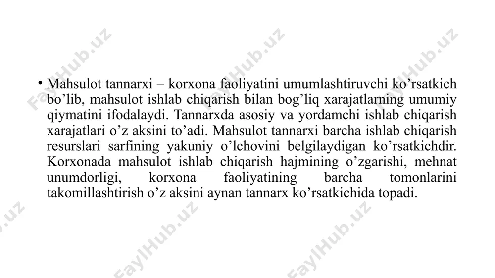 id qilinadigan materiallar, shuningdek asbob uskunalarni tuzatish uchun ehtiyot qismlar, inventarlarning, xo’jalik buyumlarining va asosiy vositalarga kirmaydigan boshqa mehnat vositalarining qiymati; sotib olinadigan, kelgusida ushbu xo’jalik yurituvchi subyektda montaj qilinadigan yoki qo’shimcha ishlov beriladigan butlovchi buyumlar va yarim tayyor mahsulotlar; tashqi yuridik va jismoniy shaxslar, shuningdek, xo’jalik yurituvchi subyektning ichki tarkibiy bo’linmalari tomonidan bajariladigan faoliyatning asosiy turiga tegishli bo’lmagan ishlab chiqarish xususiyatiga ega bo’lgan ishlar va xizmatlar. ishlab chiqarish xususiyatiga ega bo’lgan mehnatga haq to’lash xarajatlari tarkibiga quyidagi moddalar kiritiladi: - xo’jalik yurituvchi subyektda qabul qilingan mehnatga haq to’lash shakllari va tizimlariga muvofiq bajarilgan narxnomalar, ta’rif stavkalari va lavozim maoshlaridan kelib chiqib hisoblangan amalda bajarilgan ish uchun ishlab chiqarish xususiyatiga ega bo’lgan hisoblangan ish haqi, shu jumladan, xo’jalik yurituvchi subyektni mukofotlash to’g’risidagi nizomlarda nazarda tutilgan rag’batlantiruvchi tusdagi to’lovlar. - kasb mahorati va murabbiylik uchun ta’rif stavkalariga va okladlarga ustamalar. - ish rejimi va mehnat sharoitlari bilan bog’liq bo’lgan kompensatsiya tusidagi …