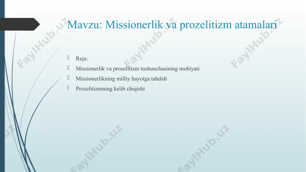 ish manbaiga aylantirgan tashkilotlarni kiritish mumkin. bunday tashkilotlar asoschilari e’tiqod qiluvchilar sonini ko‘paytirish orqali ularning mulki va boyligiga egalik qilish va shu yo‘l bilan o‘zlarining moliyaviy imkoniyatlarini yaxshilash va kengaytirishdek maqsadlarni ko‘zlaydilar. zamonaviy sektalarning mutlaq ko‘pchiligini shu guruhga kiritish mumkin. ikkinchi guruhga missionerlikdan siyosiy qurol sifatida foydalanayotgan tashkilot va uyushmalarni kiradi. bunday guruhlar ortida muayyan hududlarga nisbatan o‘zining aniq geosiyosiy rejalariga ega bo‘lgan davlatlar va siyosiy kuchlar turadi.missionerlar o‘z maqsadlariga erishish uchun xilma-xil va turli davrlarga mo‘ljallangan dasturlar ishlab chiqqanlar. xristian nazariyotchilaridan biri luis bush xristian missionerlari alohida e’tibor qaratishi lozim bo‘lgan hudud – shimoliy kenglikning 10 va 40-parallellari orasida joylashgan, deb hisoblab, uni “10/40 oyna”, deb atagan edi. ushbu parallellar orasi esa buddaviylik, konfutsiychilik, hinduiylik, islom, sintoizm va daosizm dinlari keng tarqalgan hududlar hisoblanadi. bu hududda osiyoning 40ga yaqin, afrika qitasining 20dan ortiq davlati joylashgan. zamonaviy geosiyosatchilar ushbu hudud yirik davlatlar uchun hayotiy-amaliy va geostrategik ahamiyatga ega ekanini qayd …