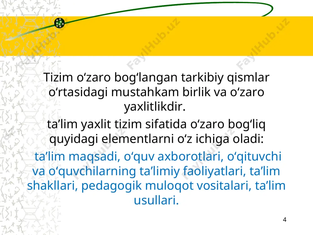 falarini qamrab olgan, ta’lim oluvchilarning yoshi va pedagogik-psixologik xususiyatlarini hisobga olgan o‘z darsliklari mavjud bo‘ladi. odatda darslik o‘quv fanining nomi bilan yuritiladi. darslikda nazariy ma’lumotlardan tashqari, amaliy-tajriba va sinov mashqlari bo‘yicha zarur ko‘rsatmalar beriladi. * o‘quv qo‘llanma — darslikni qisman to‘ldiruvchi, muayyan fan dasturi bo‘yicha tuzilgan va mavzularni zaruriy hajmda tizimli yoritib beradigan, fan asoslarining mukammal o‘zlashtirilishini ta’minlovchi, mazmunan va shaklan ta’lim turlariga (o‘rta maxsus, kasb-hunar ta'limi, oliy ta’lim (bakalavriat, magistratura) moslashtirilgan, nazariy yoki amaliy mashq va mashg‘ulotlarga mo‘ljallangan, o‘quvchi va talabalarda fanga taalluqli bilim, ko‘nikma va malakalar shakllanishiga xizmat qiladigan, rasmiy tasdiqlanadigan o‘quv nashridir. * e’tiboringiz uchun rahmat *